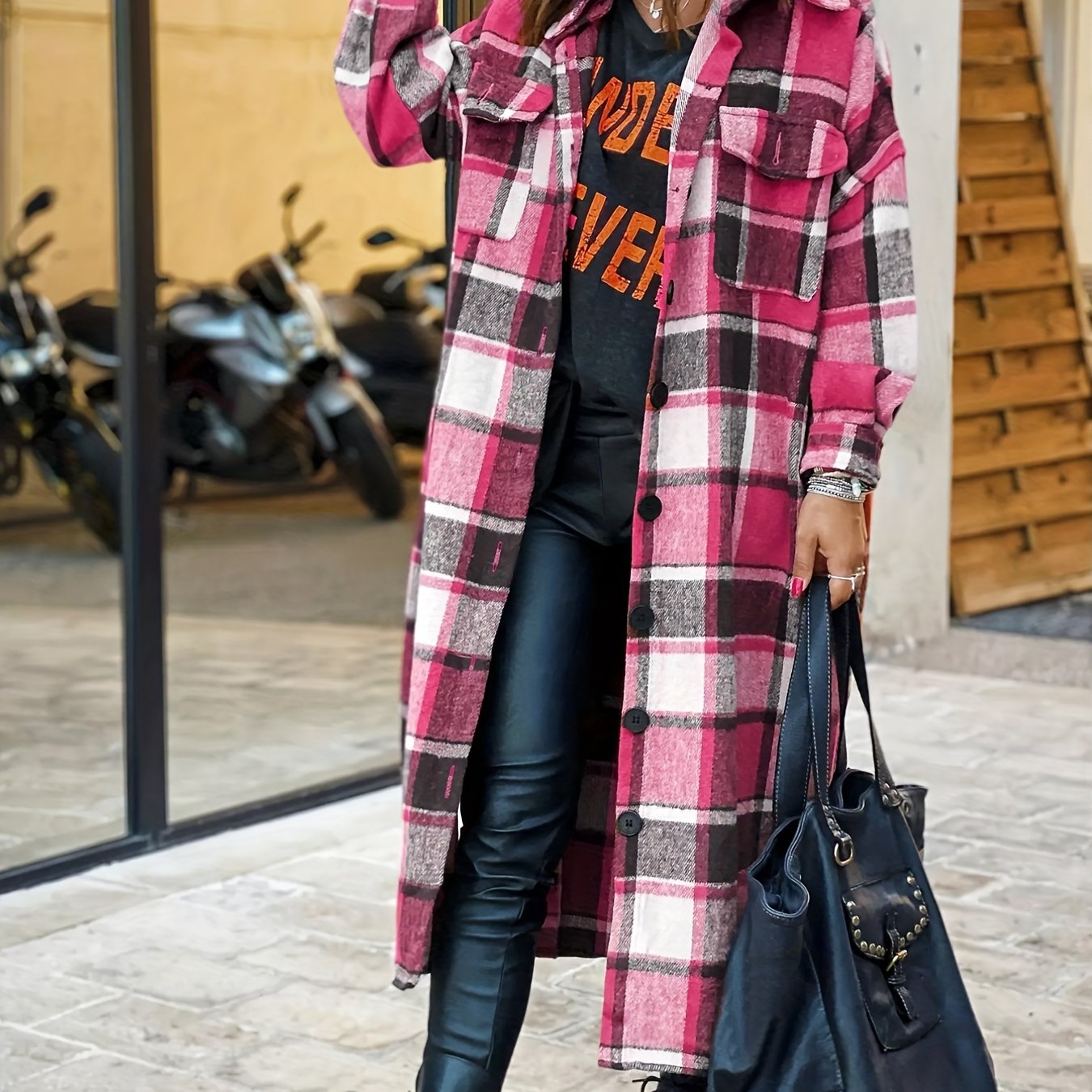 Plaid Single Breasted Overcoat, Versatile Long Sleeve Flap Pockets Longline Coat, Women's Clothing