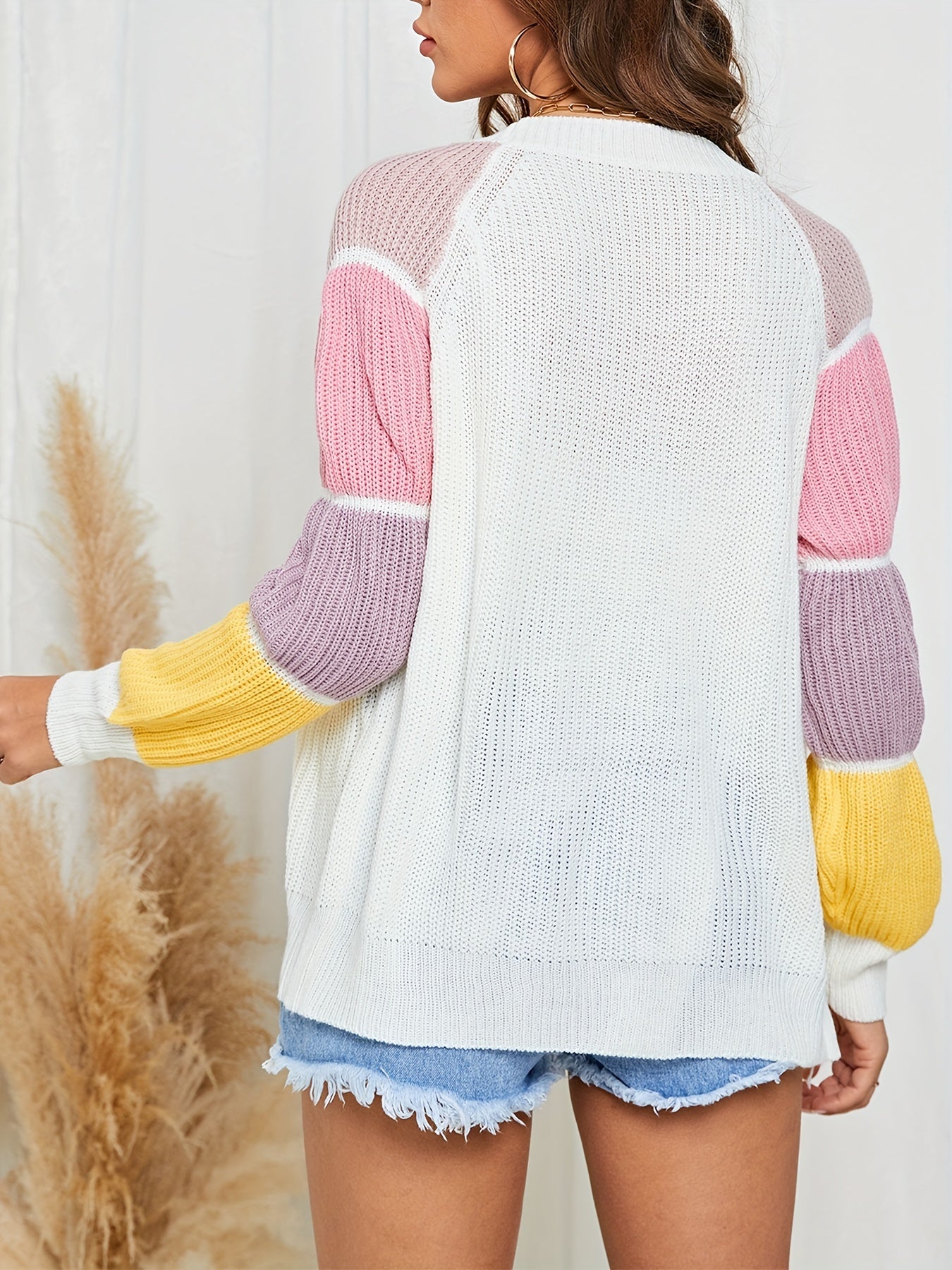vlovelaw Color Block Knit Cardigan, Open Front Lantern Sleeve Casual Sweater For Winter & Fall, Women's Clothing