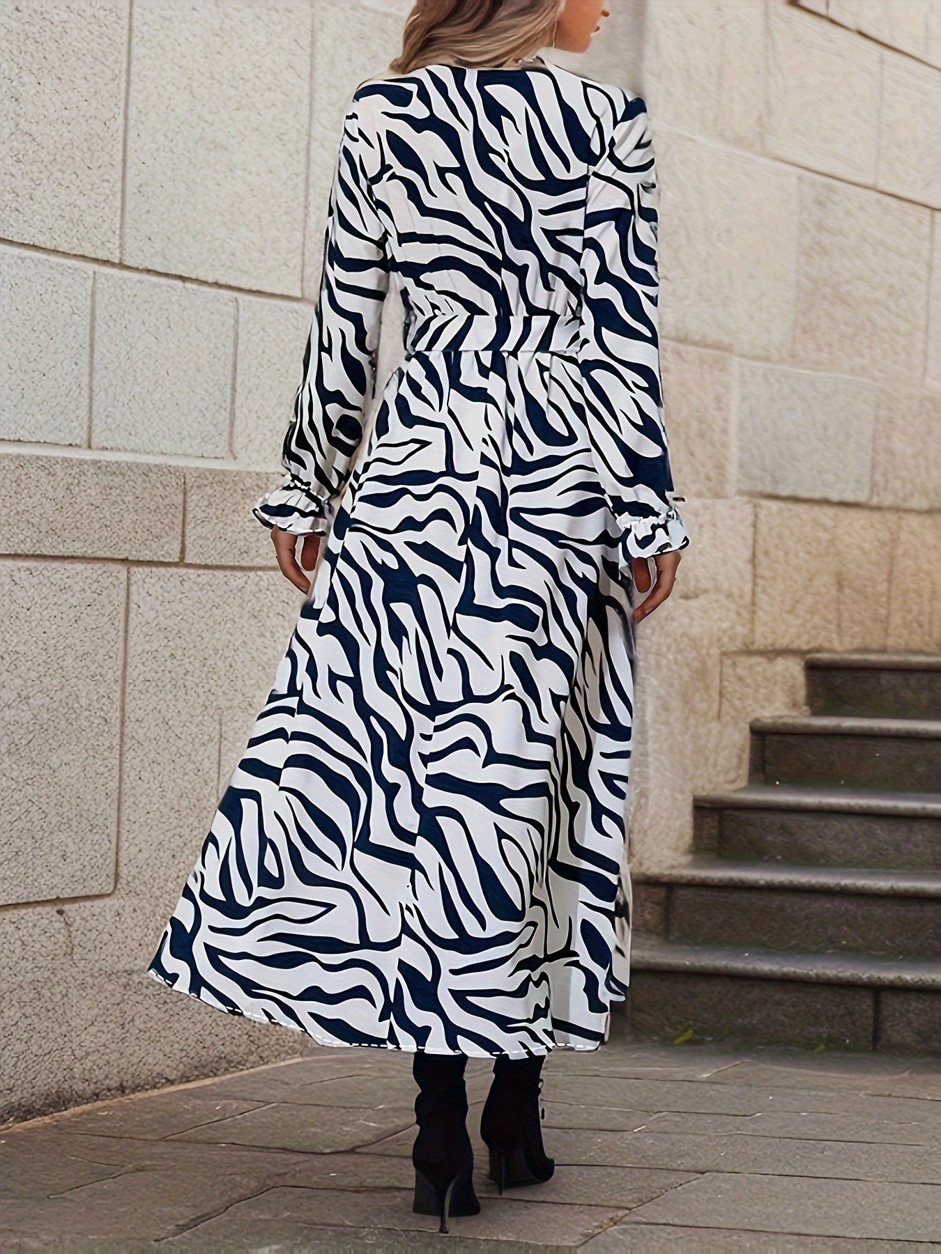 Zebra Stripe Print Lantern Sleeve Dress, Surplice Neck Tie-waist Dress, Women's Clothing