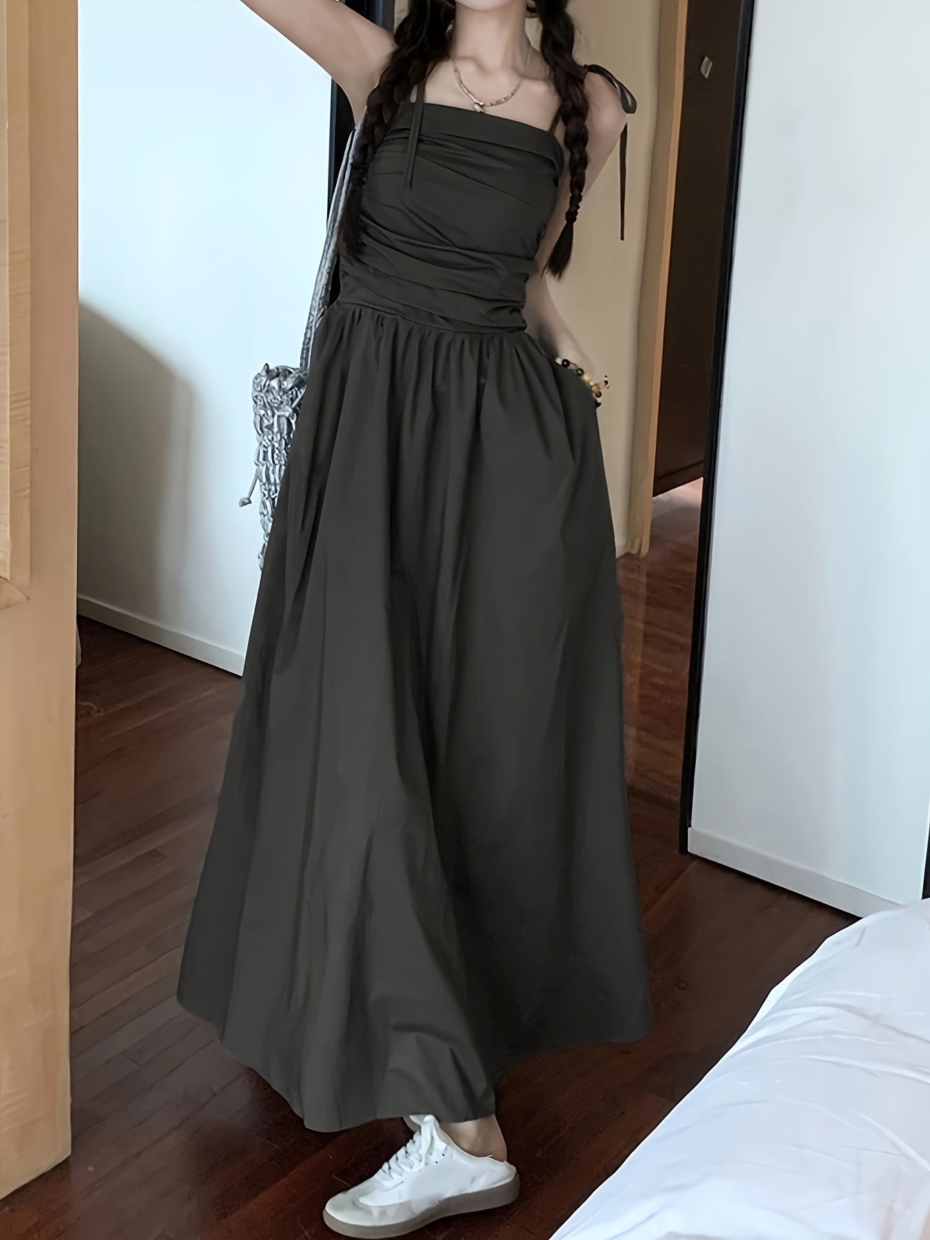 vlovelaw Solid Ruched Cami Dress, Casual Sleeveless Lace Up Maxi Dress, Women's Clothing