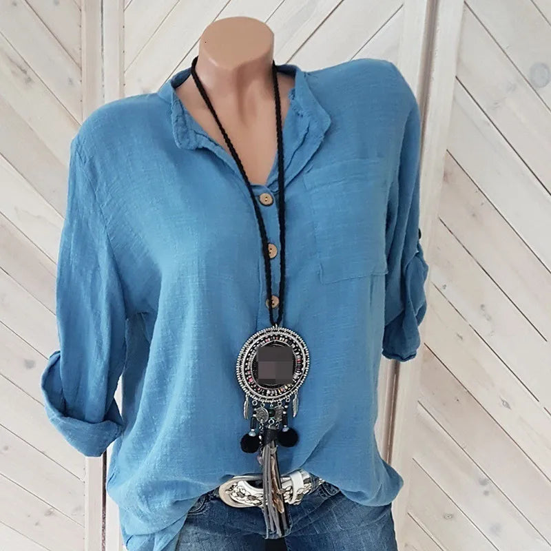 Womens Blouses Shirts Oversized Women Cotton Linen Blouse Autumn Casual Long Sleeve Button V Neck Loose Shirt Lady Tops 230519