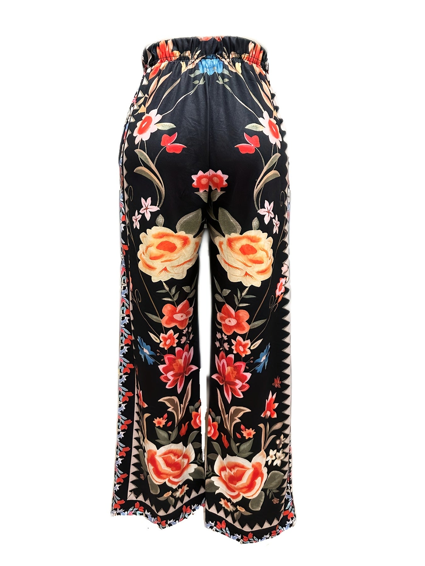 Peacock Print Wide Leg Pants, Retro Drawstring Long Length Palazzo Pants, Women's Clothing