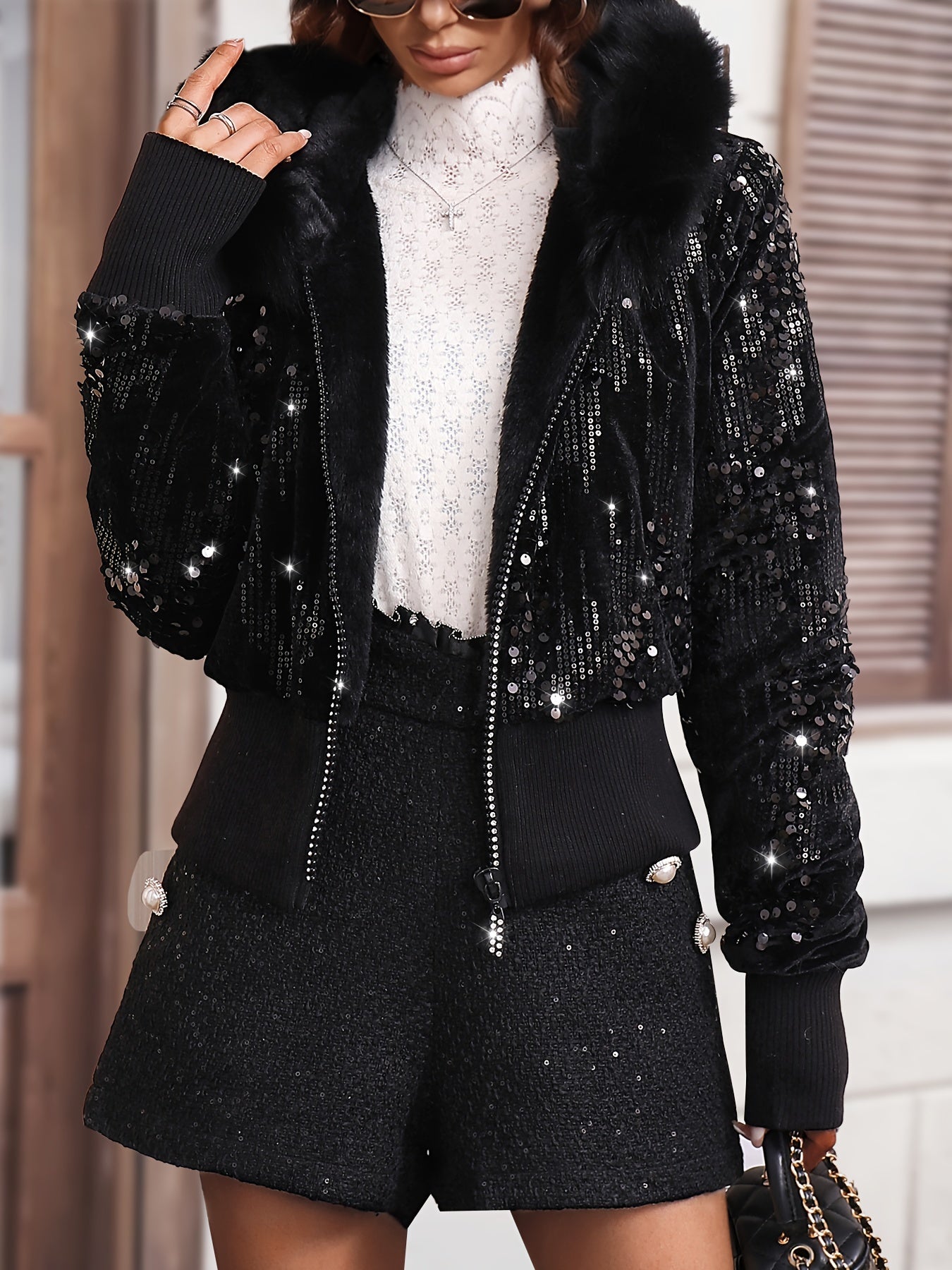 vlovelaw Faux Fur Trim Hooded Zip-up Jacket, Elegant Long Sleeve Sequin Decor Jacket For Fall & Winter, Women's Clothing