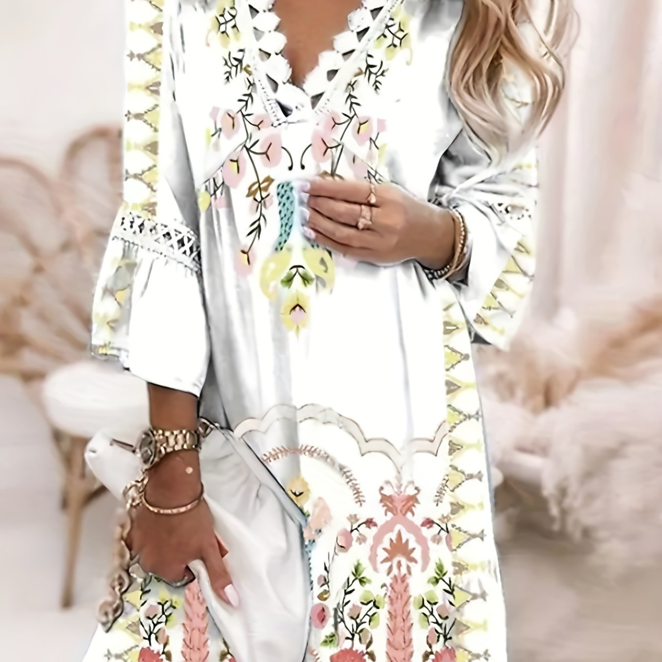 vlovelaw Floral Print Lace Trim Dress, Vacation 3/4 Sleeve Summer V Neck Midi Dress, Women's Clothing