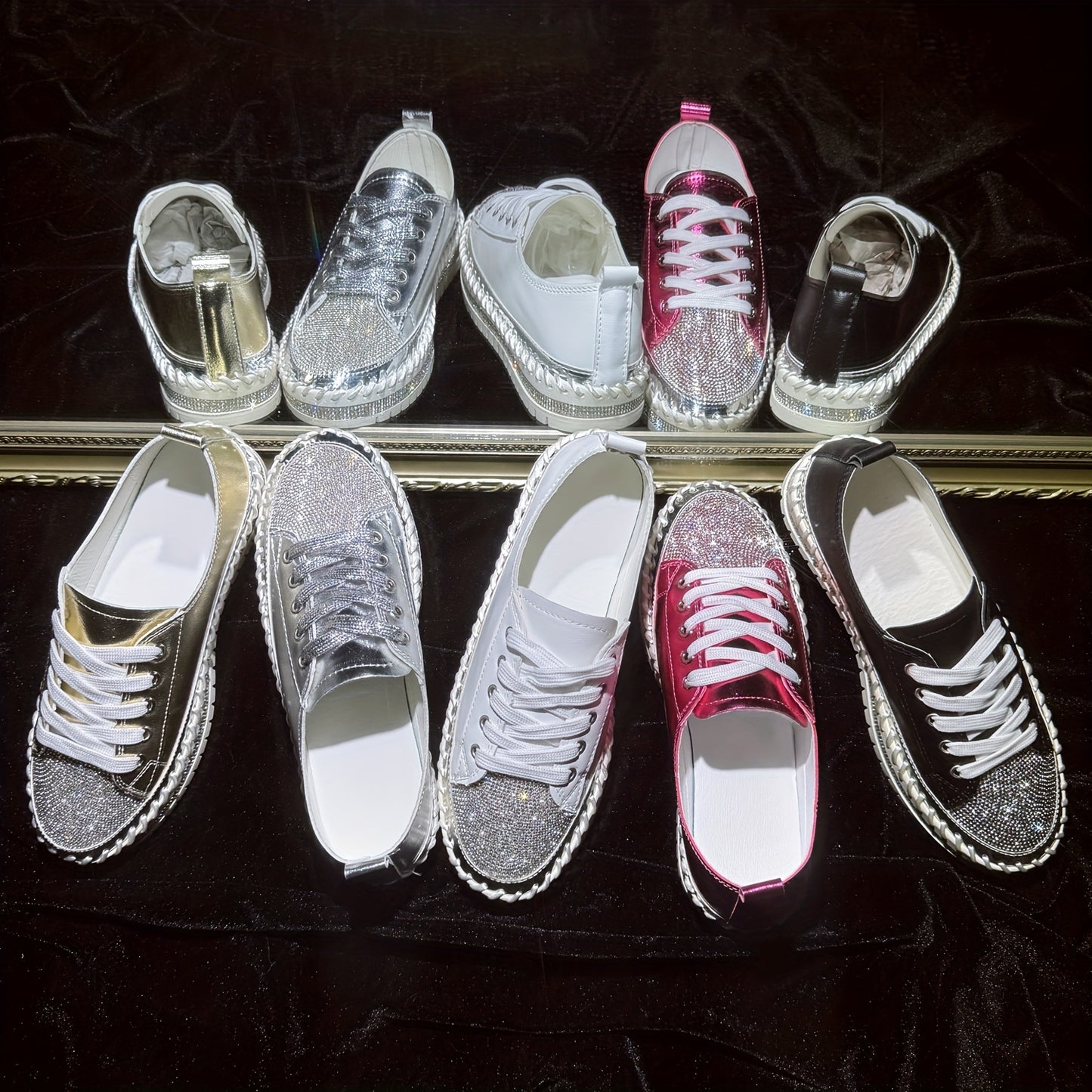 vlovelaw Women's Rhinestone Flat Sneakers, Fashion Round Toe Lace Up Low Top Skate Shoes, All-Match Outdoor Trainers