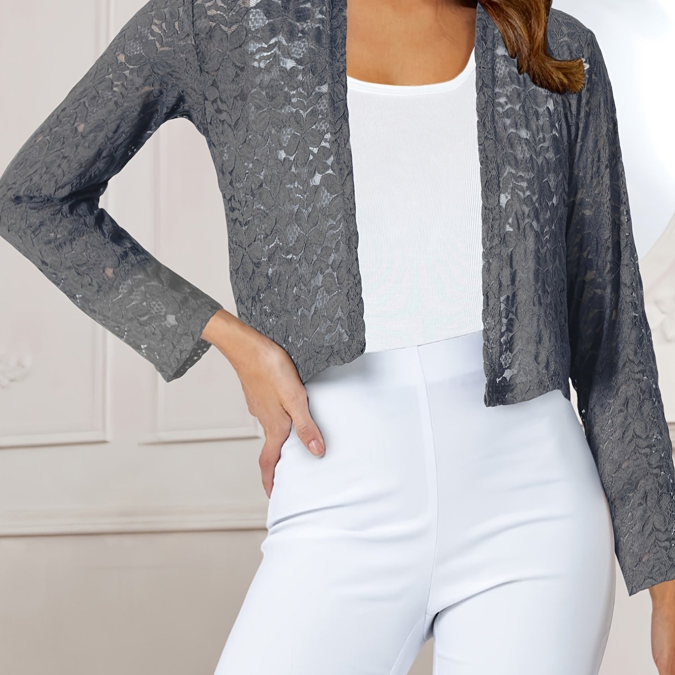vlovelaw Solid Lace Open Front Top, Versatile Long Sleeve Flower Pattern Top For Spring & Summer, Women's Clothing
