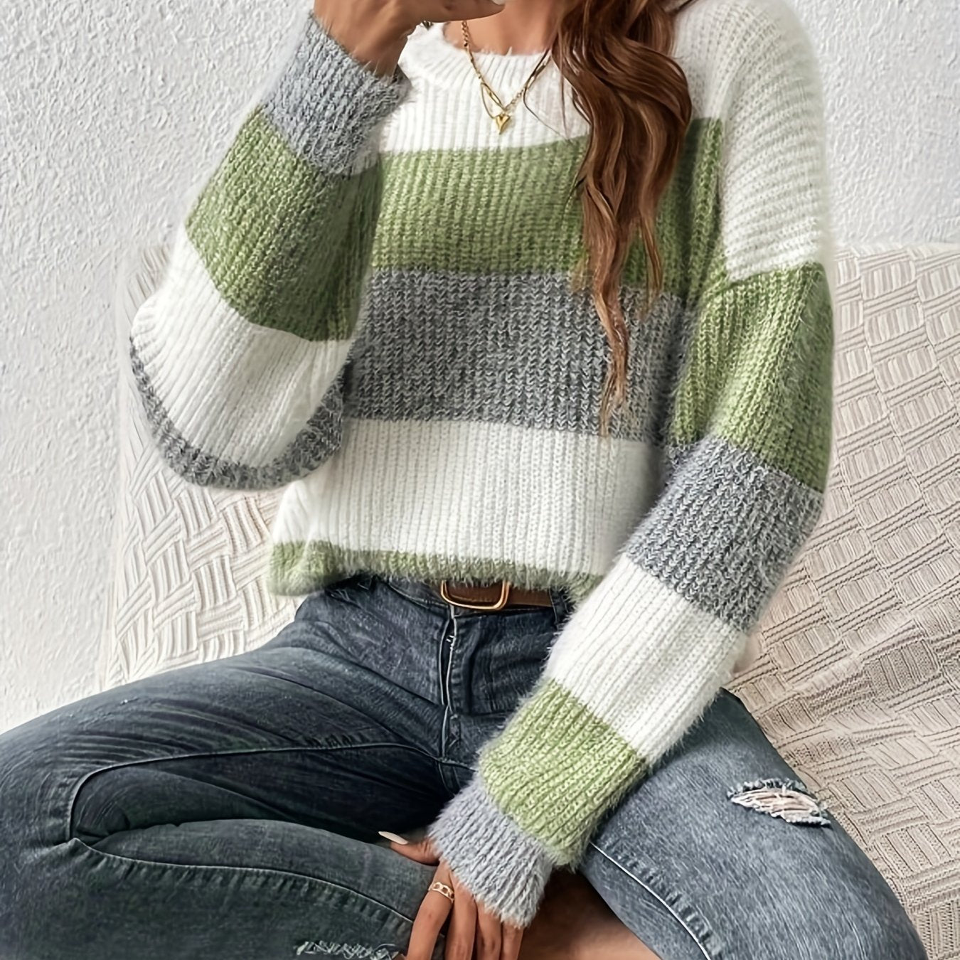 Color Block Crew Neck Pullover Sweater, Casual Long Sleeve Sweater For Fall & Winter, Women's Clothing