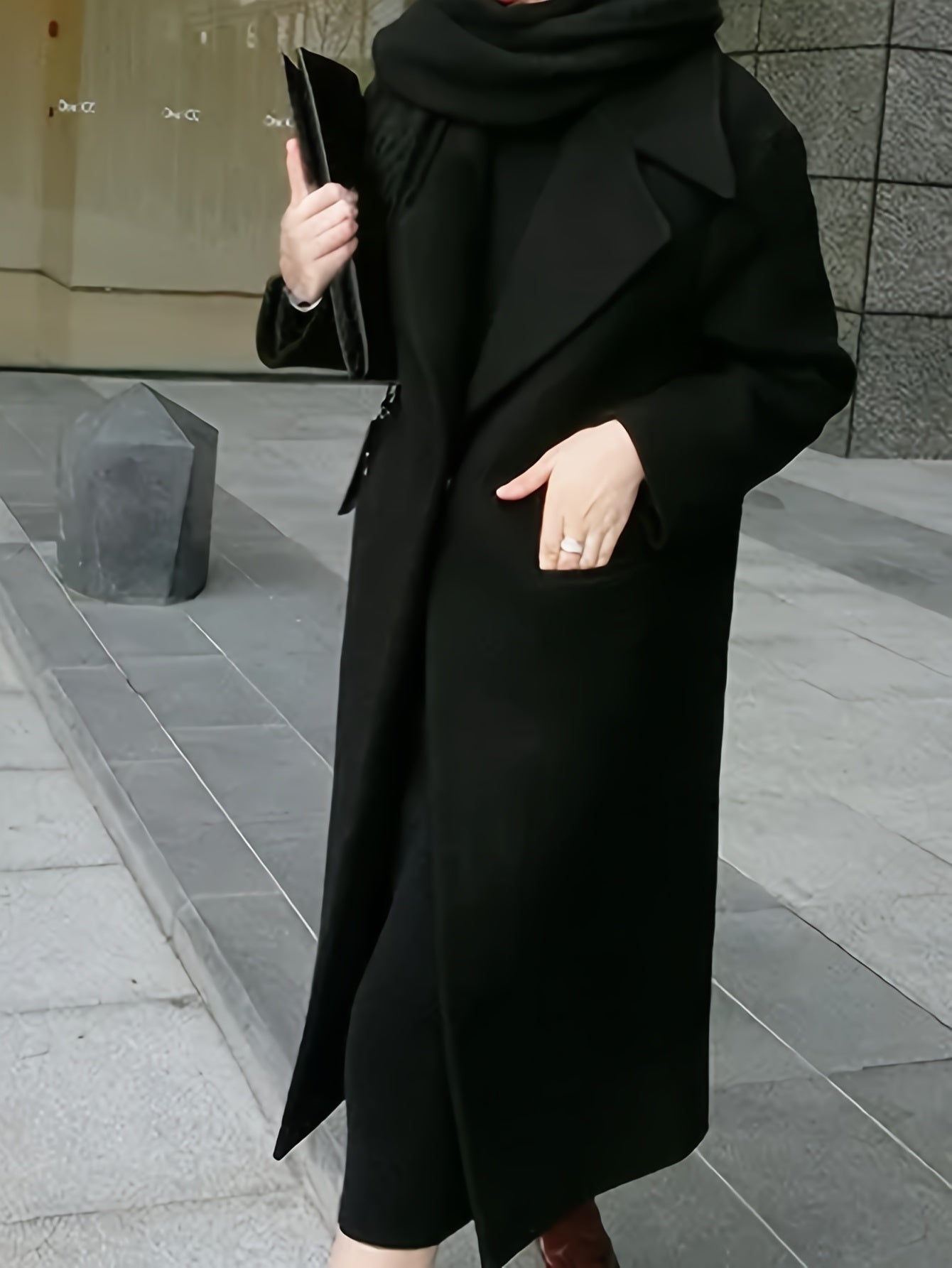 Solid Lapel Mid Length Overcoat, Elegant Long Sleeve Winter Outerwear, Women's Clothing