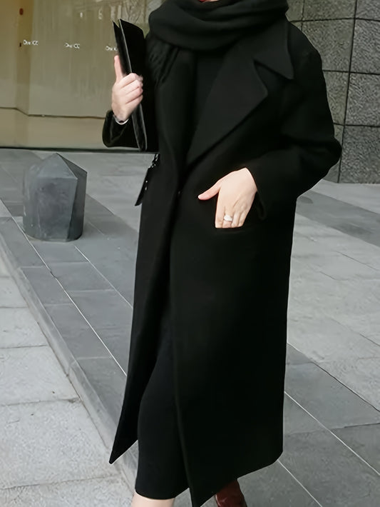 Solid Lapel Mid Length Overcoat, Elegant Long Sleeve Winter Outerwear, Women's Clothing