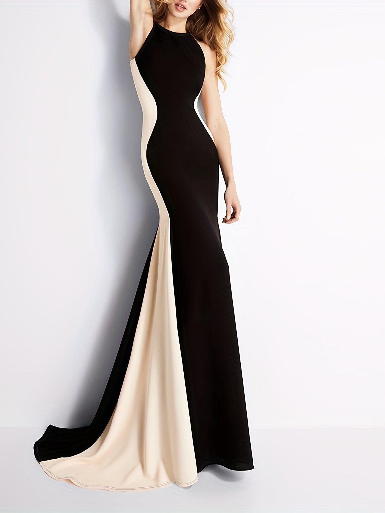 vlovelaw Elegant Color Block Slim Long Dress, Sleeveless Party Evening Bodycon Long Dresses, Women's Clothing