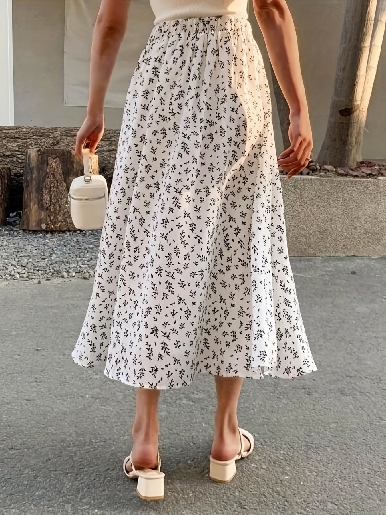 Ditsy Floral Print High Waist Skirt, Elegant Midi Skirt For Spring & Symmer, Women's Clothing