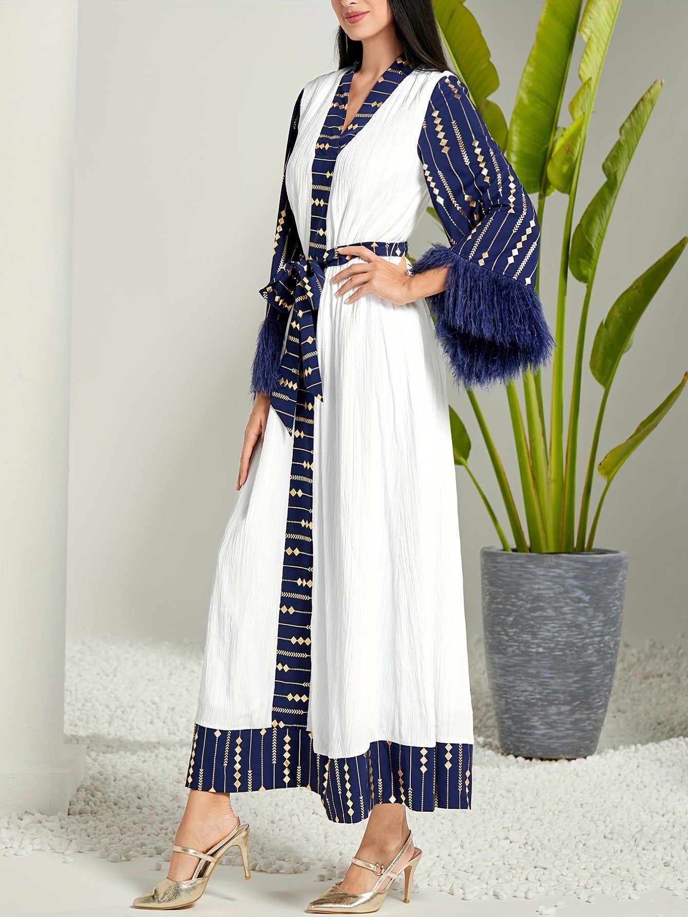 Tassel V Neck Kaftan Dress, Elegant Long Sleeve Maxi Dress, Women's Clothing