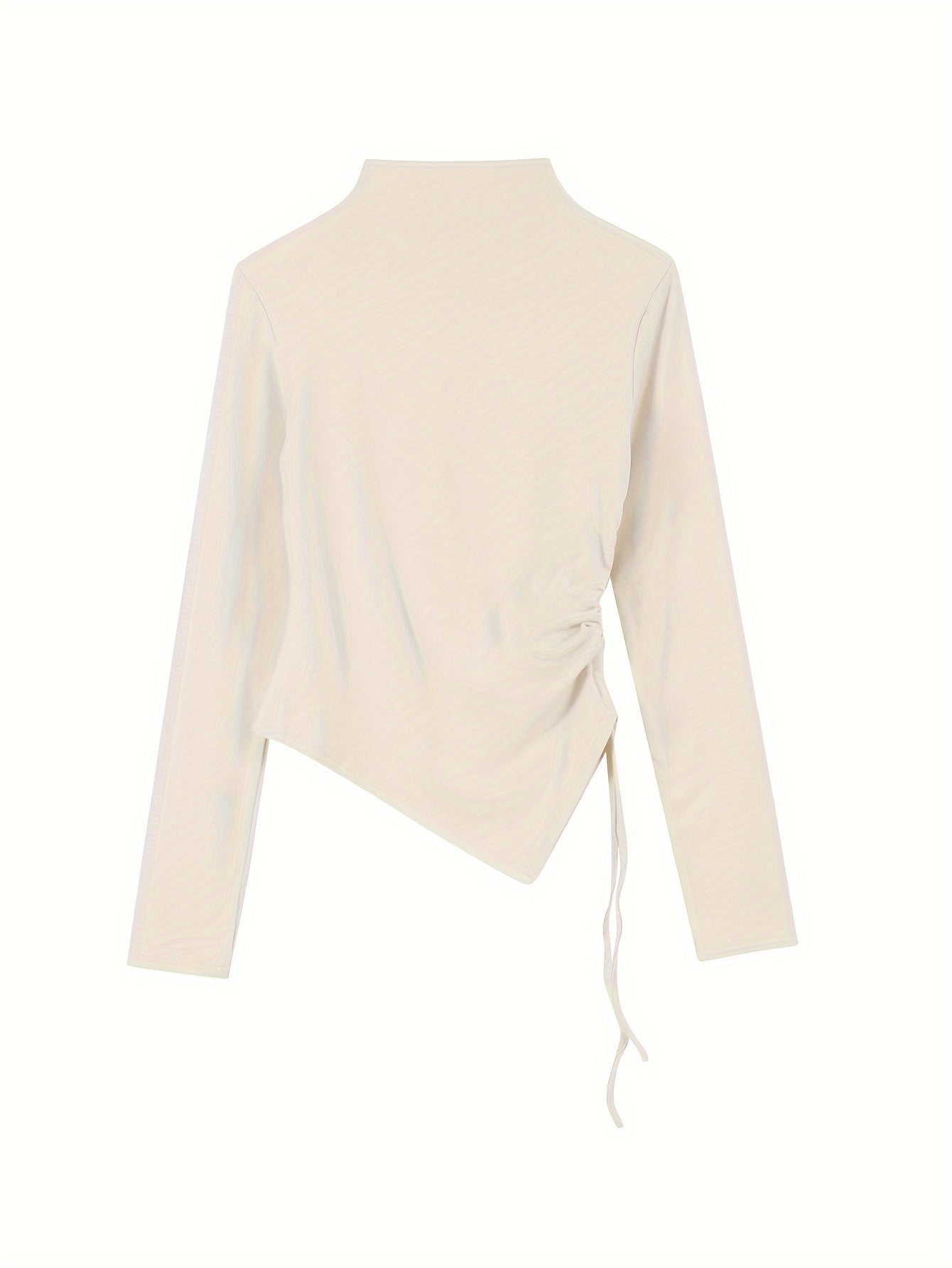 vlovelaw Solid Mock Neck Asymmetrical T-shirt, Casual Drawstring Side Long Sleeve Slim Top, Women's Clothing