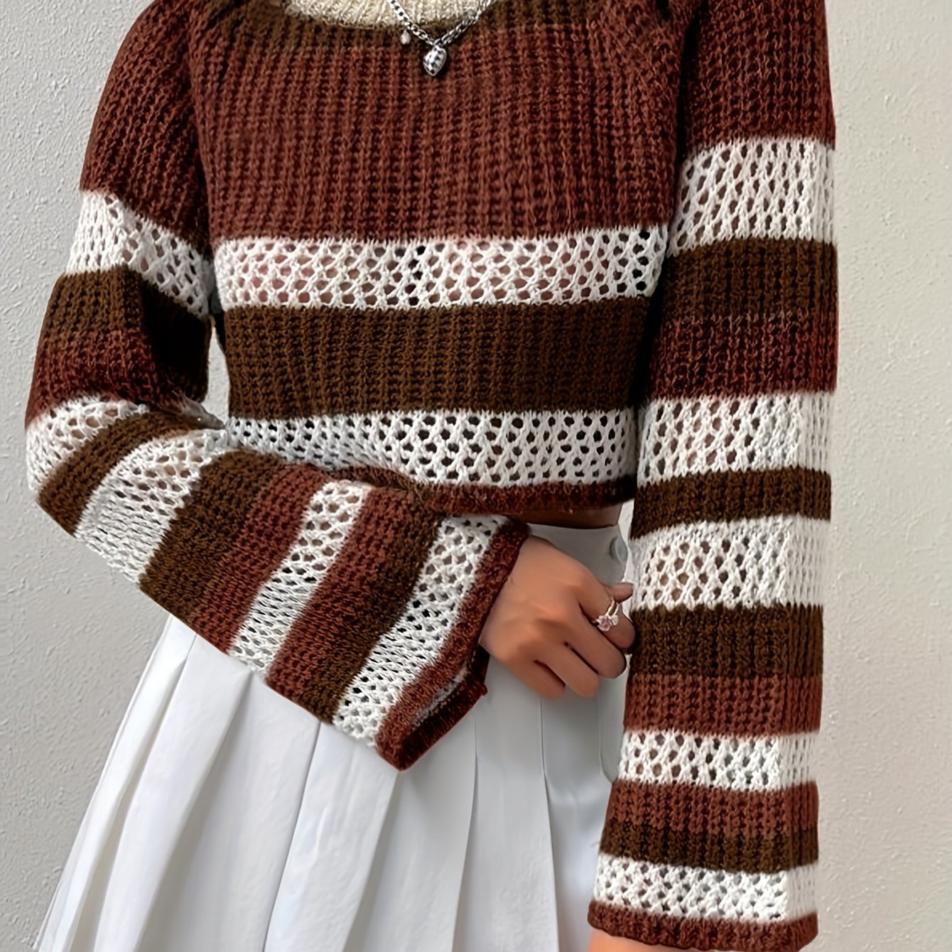 vlovelaw Striped Crew Neck Eyelet Crop Sweater, Casual Long Sleeve Raglan Shoulder Sweater, Women's Clothing