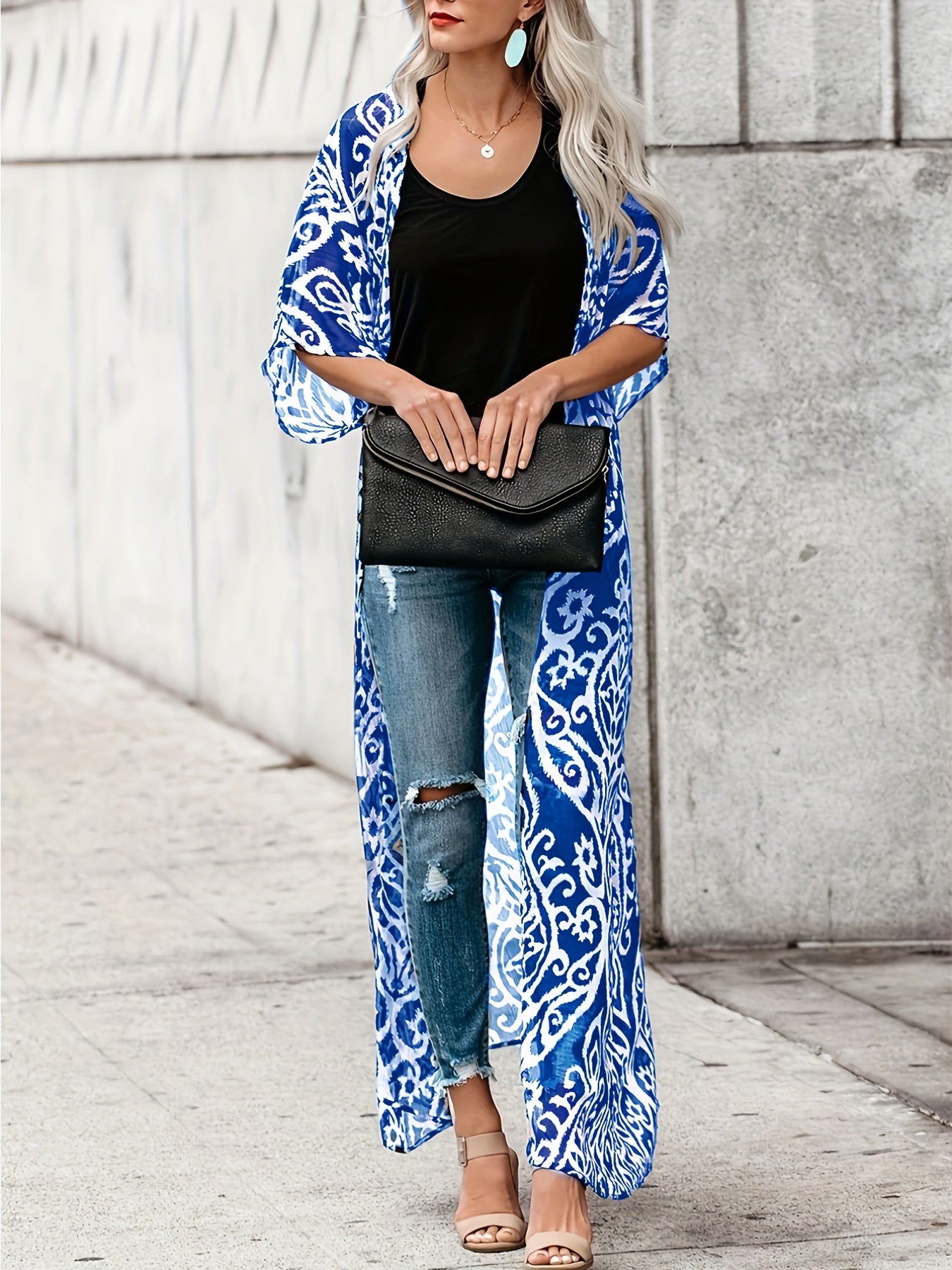 vlovelaw Graphic Print Open Front Kimono, Boho Cover Up Kimono For Spring & Summer, Women's Clothing