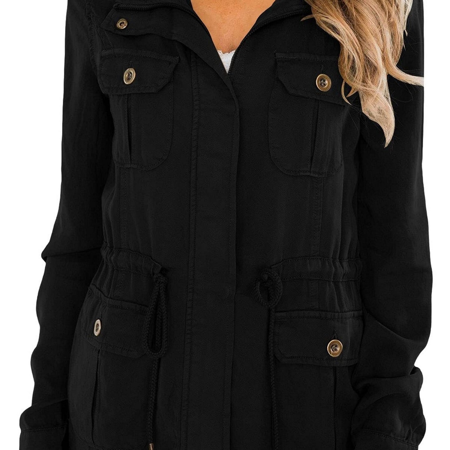 Casual Pockets Fashion Jacket, Lapel Long Sleeve Loose Waist Drawstring Outerwear, Women's Clothing