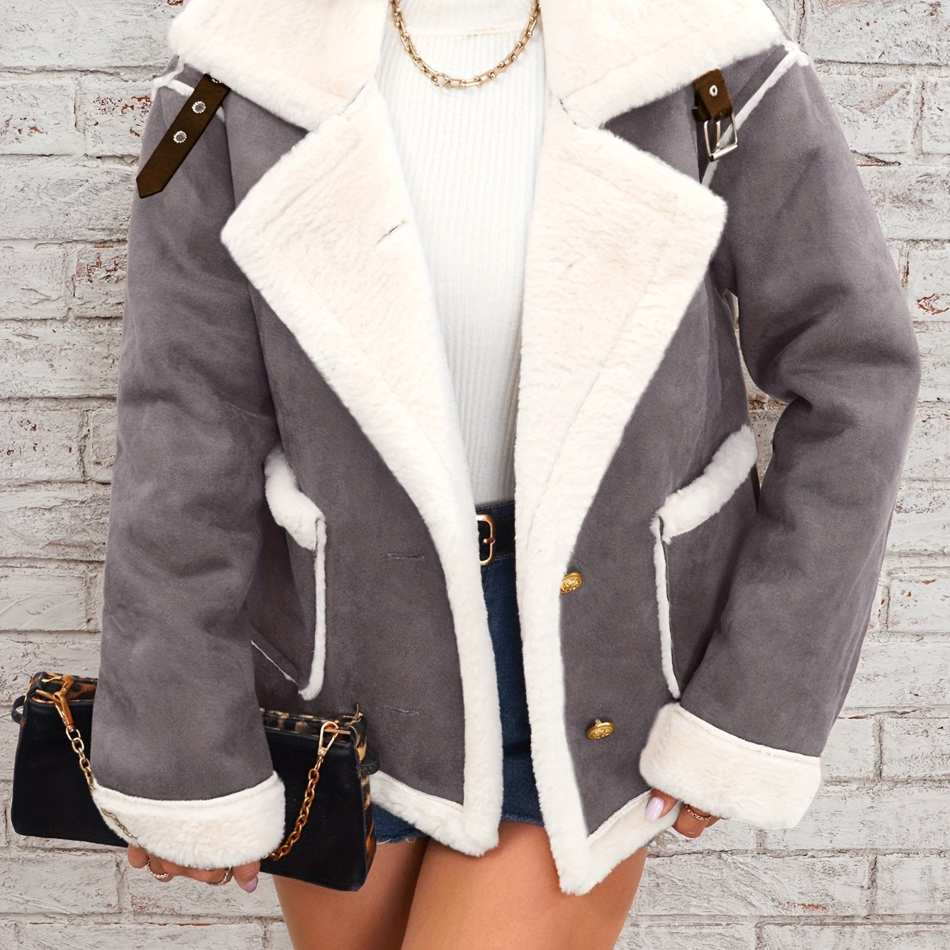 vlovelaw  Lapel Plush Jacket, Winter Warm Casual Outwear, Women's Clothing