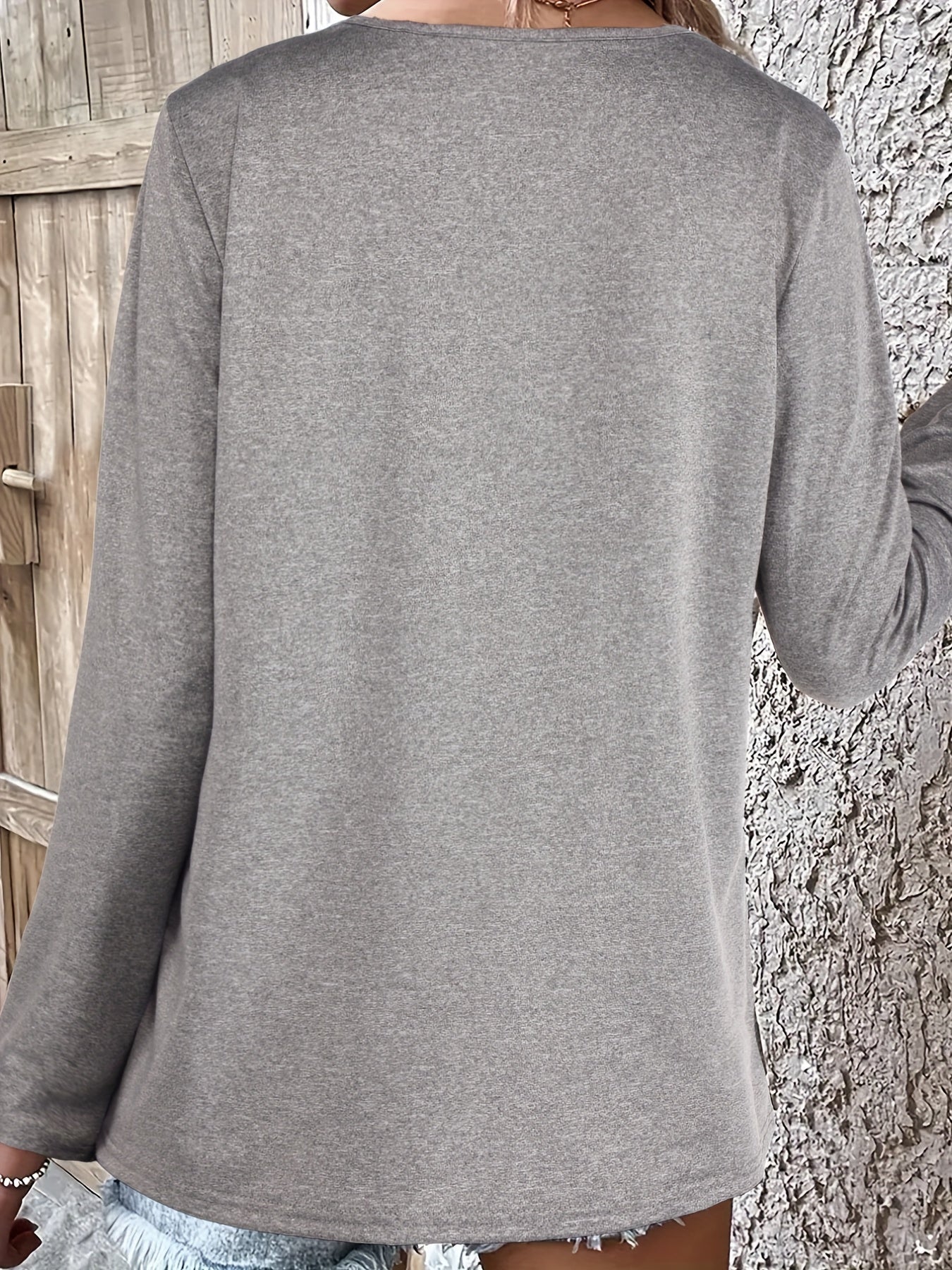 vlovelaw  Solid Button Decor T-Shirt, Versatile Long Sleeve Comfy T-Shirt For Spring & Fall, Women's Clothing