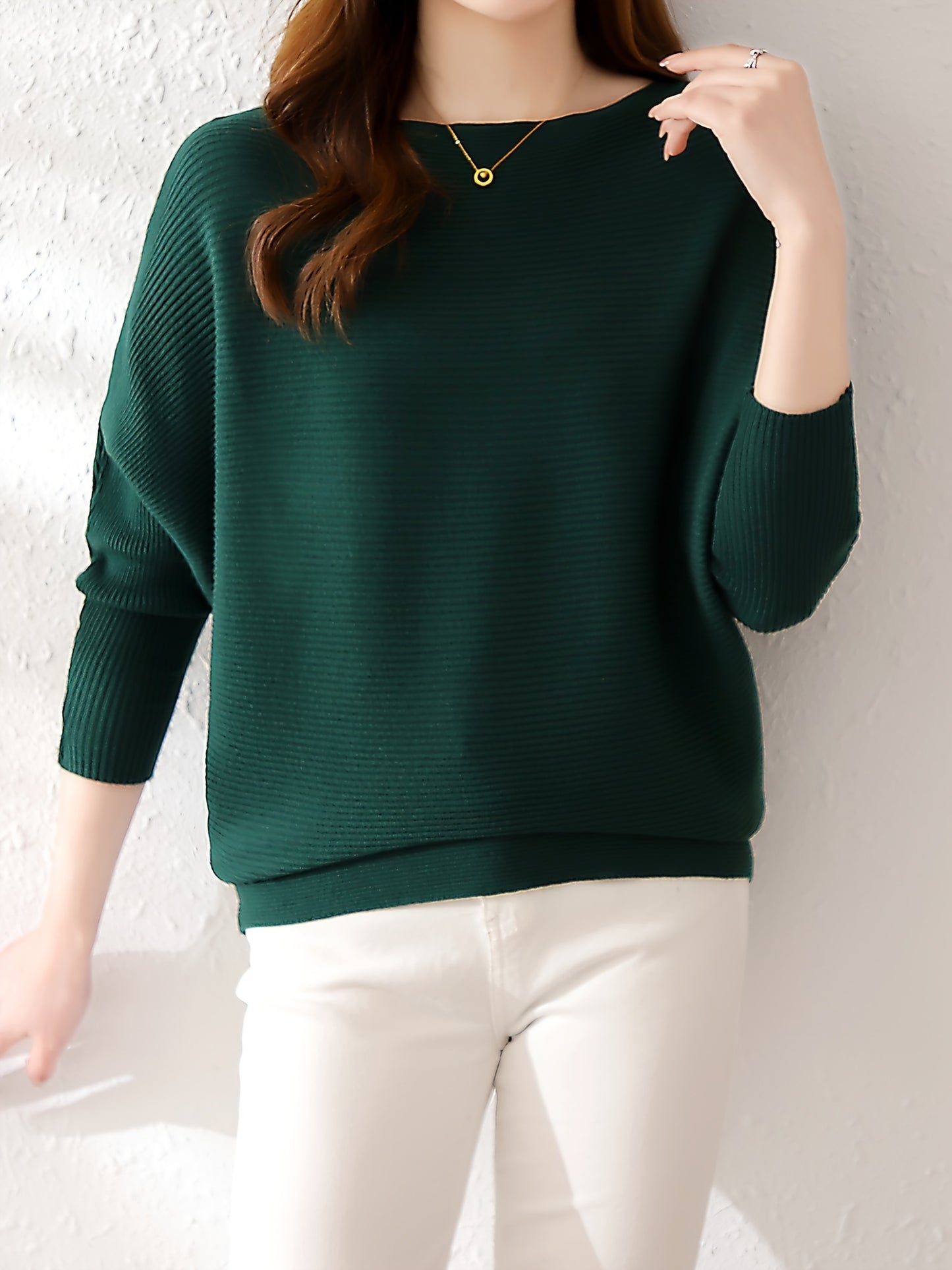 Solid Batwing Sleeve Knit Sweater, Casual Boat Neck Sweater For Spring & Fall, Women's Clothing