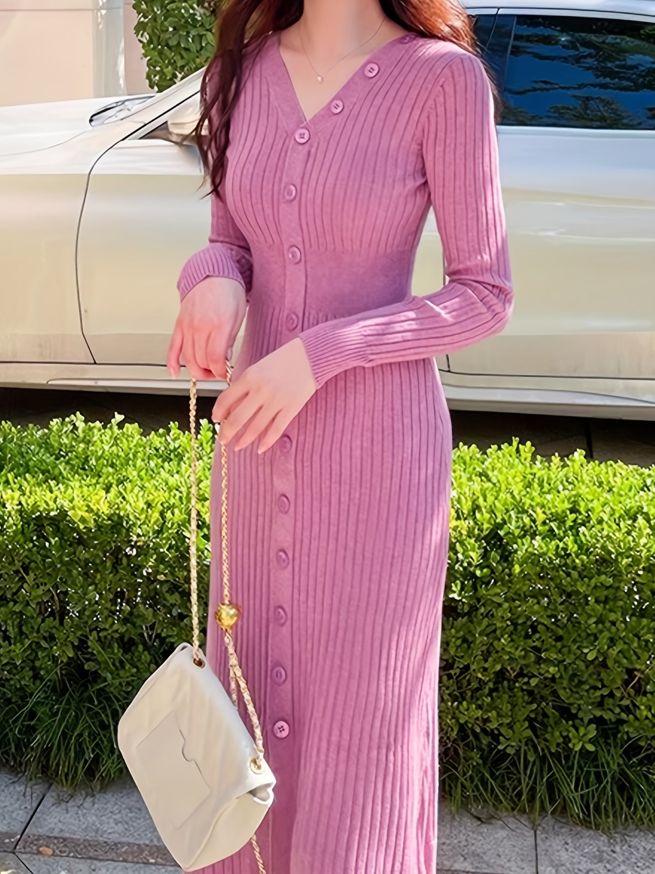 vlovelaw Button Front Ruffle Hem Dress, Chic Long Sleeve V Neck Ribbed Dress, Women's Clothing