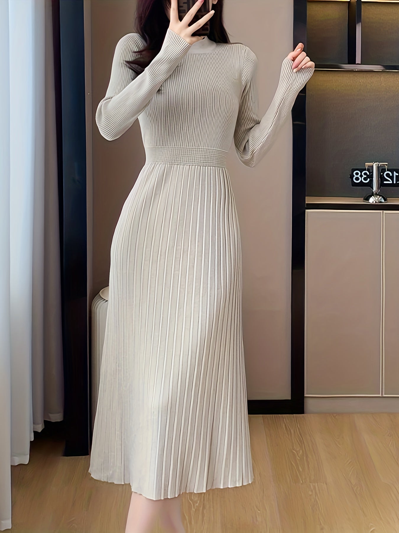vlovelaw Ribbed Solid Midi Dress, Elegant Long Sleeve Party Dress, Women's Clothing