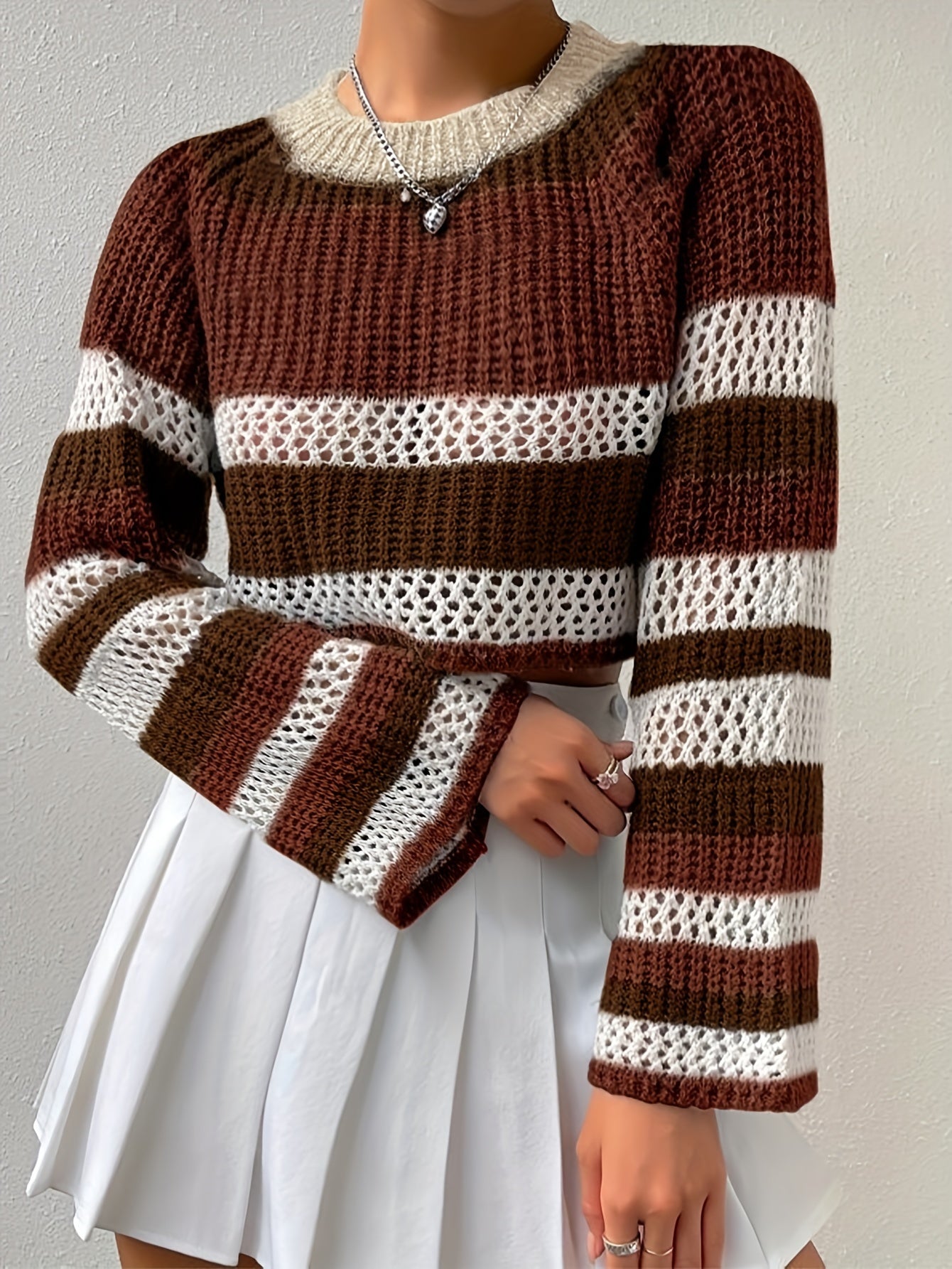 vlovelaw Striped Crew Neck Eyelet Crop Sweater, Casual Long Sleeve Raglan Shoulder Sweater, Women's Clothing