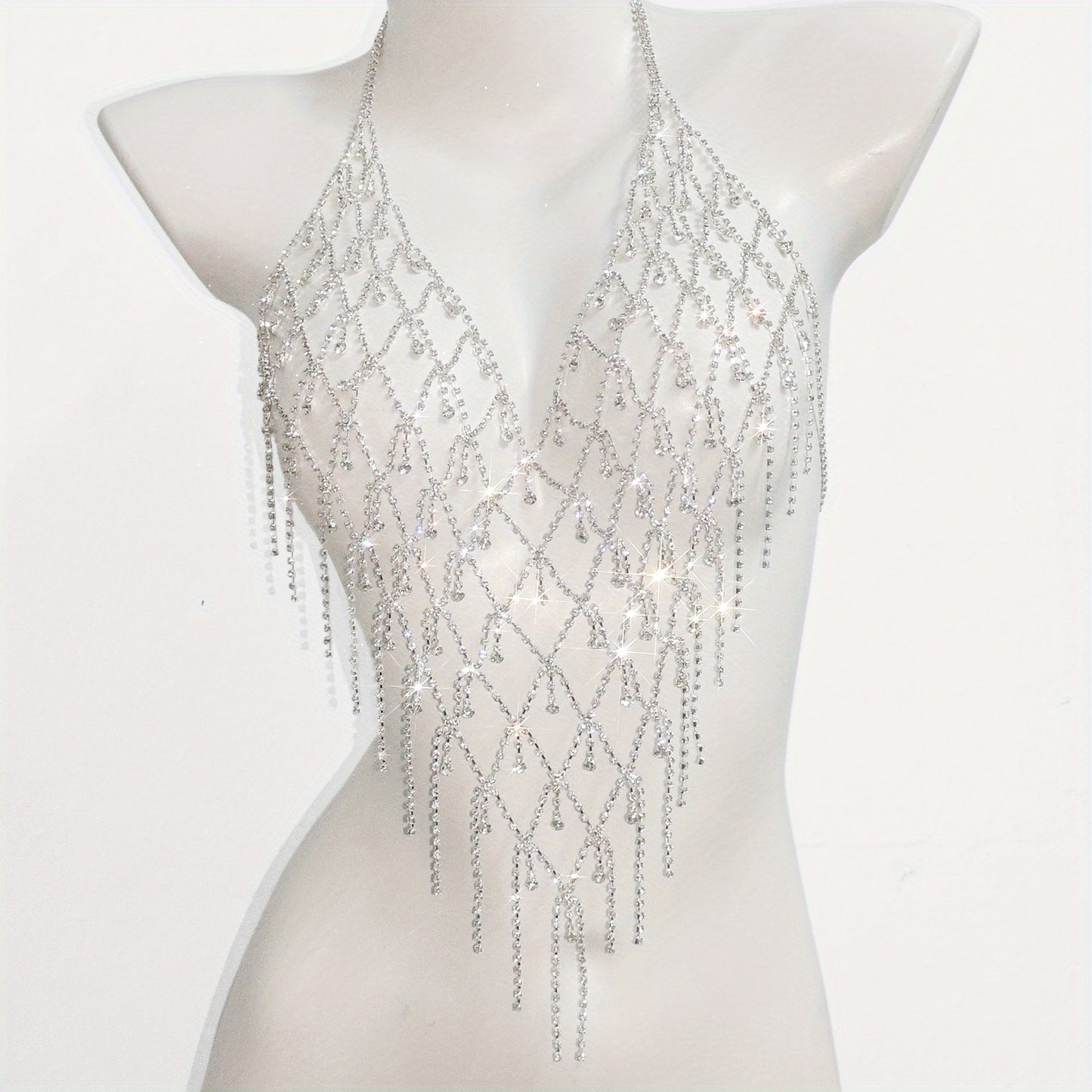 vlovelaw Halter Backless Hollow Out Crop Top Body Chain Inlaid Shiny Rhinestone Temperament Body Chain Accessories