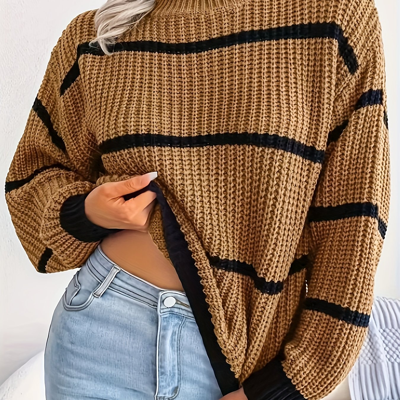 vlovelaw Striped Color Block Crew Neck Sweater, Casual Long Sleeve Loose Fall Winter Knit Sweater, Women's Clothing