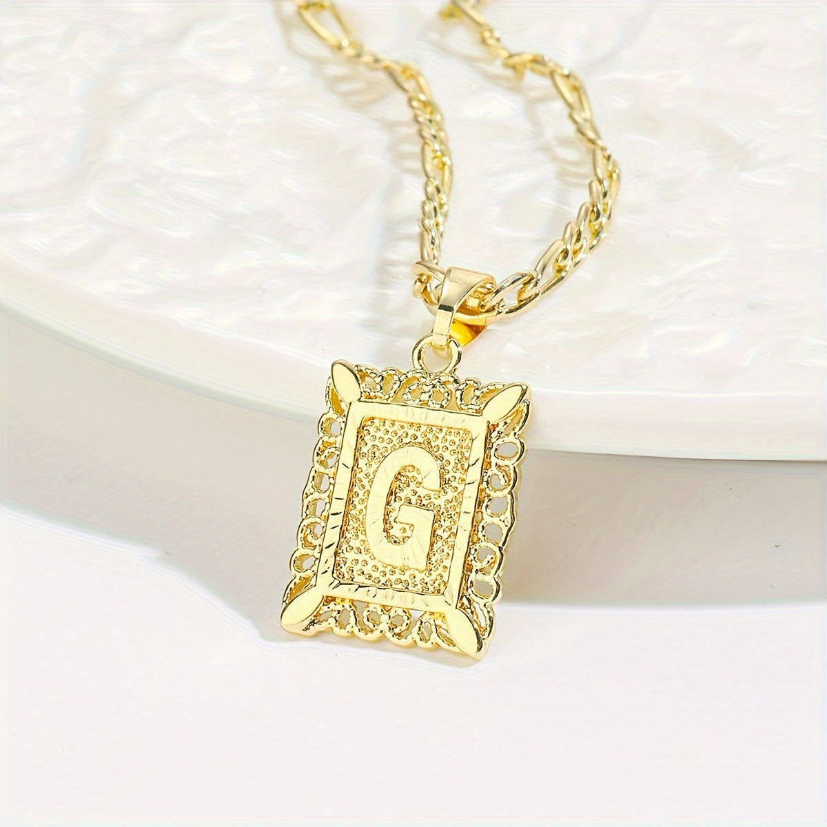 18K Gold Plated Square Monogram Pendant Necklace - Fashionable Personalized Alphabet Letter A-Z Figaro Chain Necklace for Men and Women - Copper Material, No Magnetic, No Mosaic, Plating-Free, Stylish Jewelry for Any Occasion