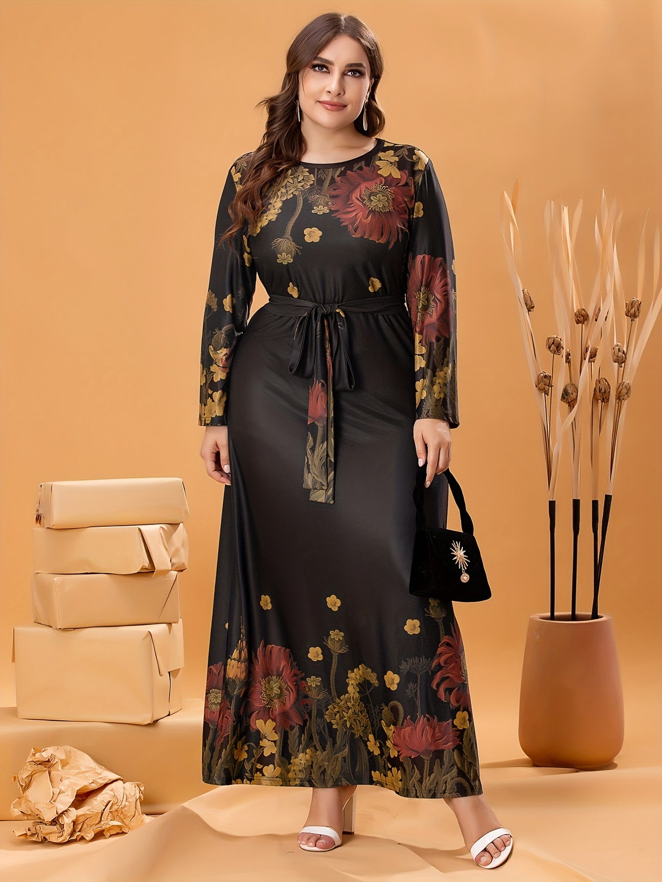 Plus Size Elegant Dress, Women's Plus Floral Print Long Sleeve Round Neck Maxi Dress With Belt