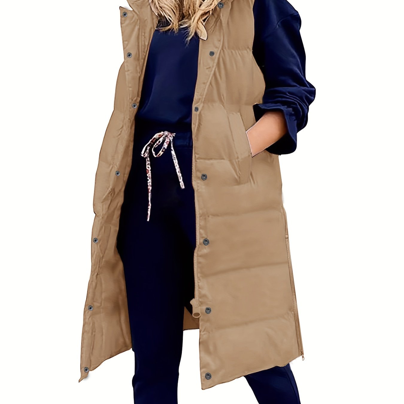 Hooded Sleeveless Coat, Button Front Long Length Casual Warm Outerwear, Women's Clothing
