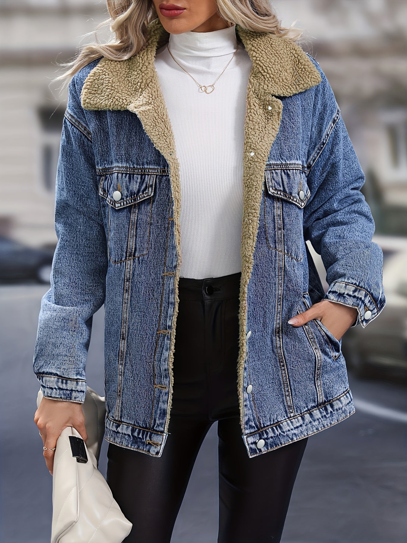 vlovelaw Fleece Lined Single-breasted Long Sleeve Denim Jacket Lapel Slash Pocket Comfy Warm Winter Denim Coat, Women's Denim Jeans & Clothing