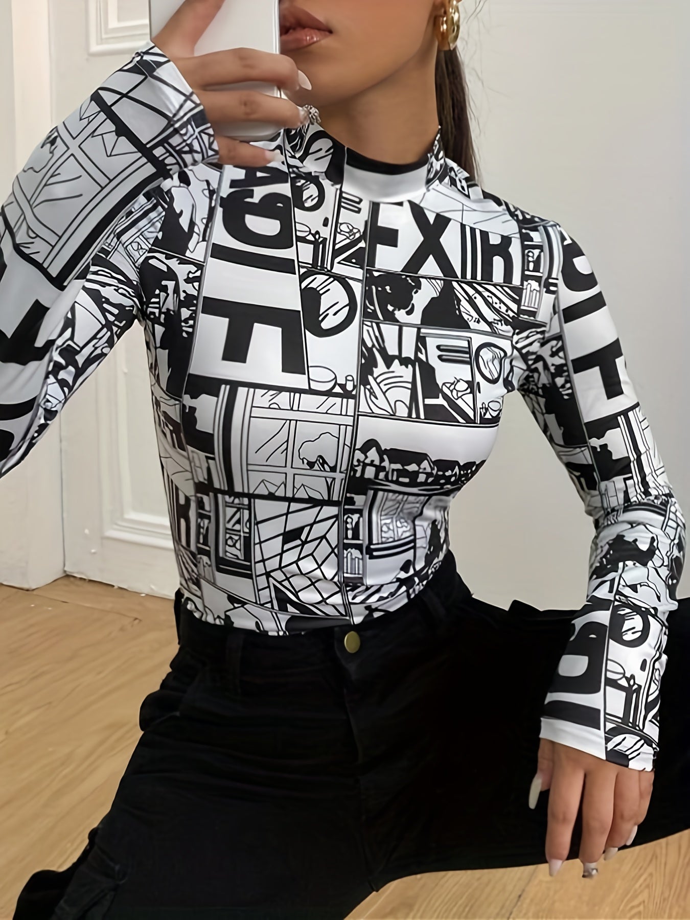 Y2K Anime Print T-Shirt, Long Sleeve High Neck Casual Top, Women's Clothing