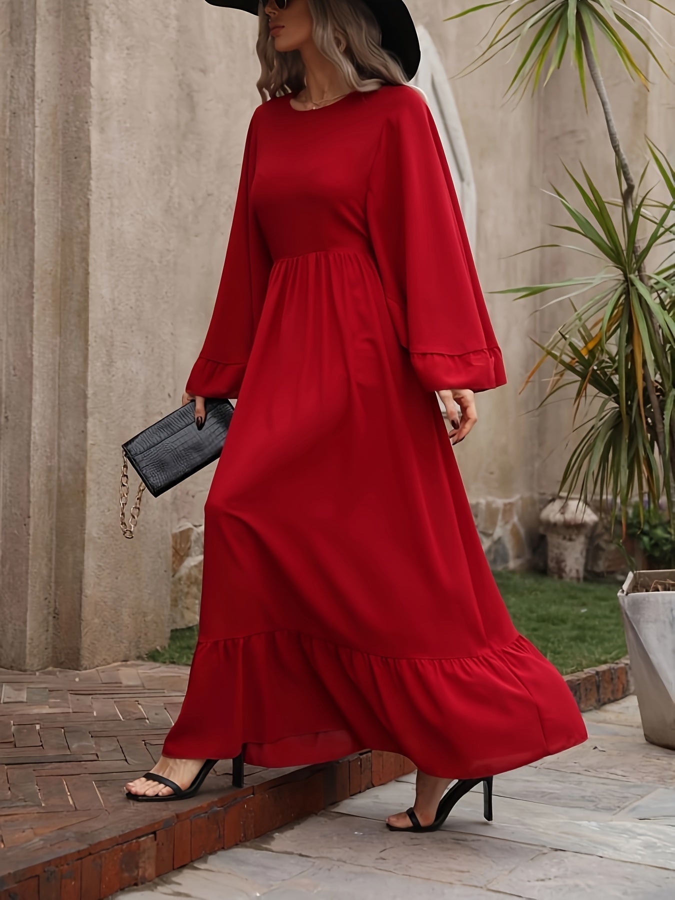 Solid Crew Neck Batwing Sleeve Dress, Cinched Waist Ruffle Hem A-line Dress, Women's Clothing