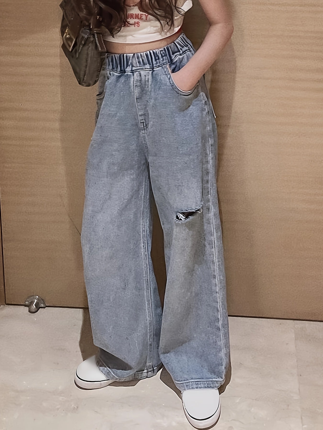 Kids Ripped Jeans Baggy Fit Wide Leg Denim Pants For Girls Boys