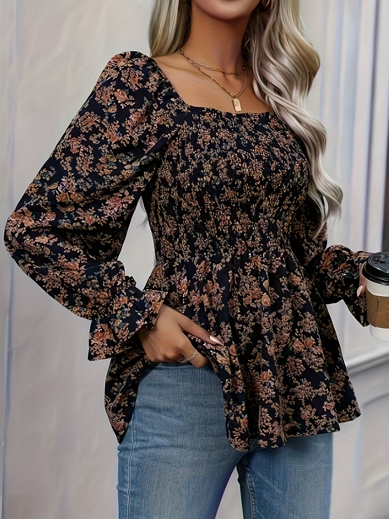 vlovelaw Floral Print Square Neck Flare Blouse, Casual Lantern Sleeve Shirred Blouse For Spring & Fall, Women's Clothing