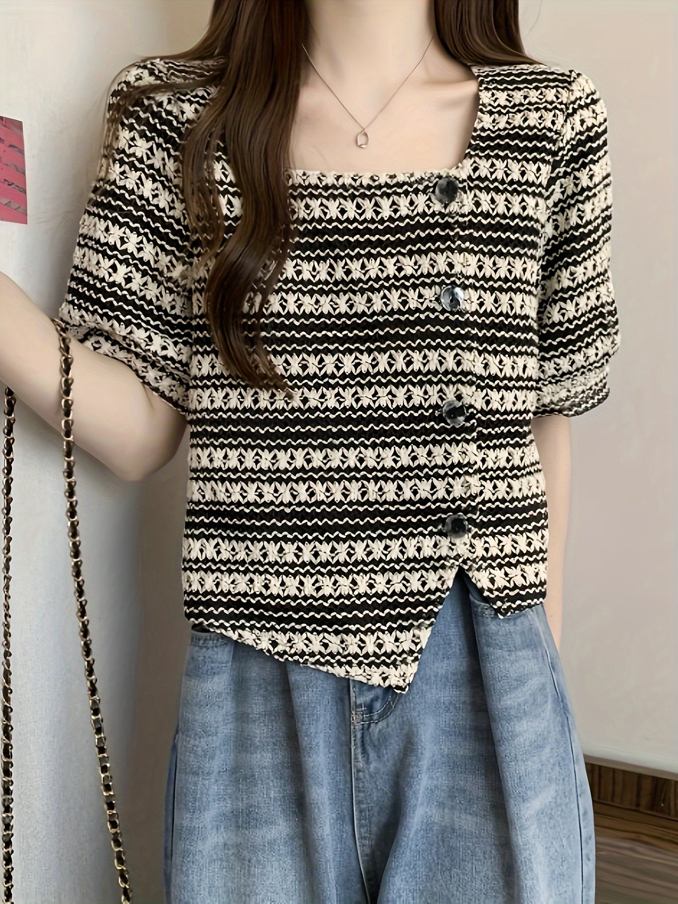 vlovelaw Striped Pattern Button Decor Blouse, Versatile Square Neck Short Sleeve Blouse For Spring & Summer, Women's Clothing