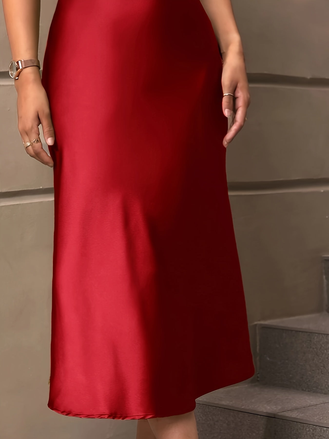 Solid High Waist Bodycon Skirt, Elegant Ruffle Hem Midi Skirt, Women's Clothing