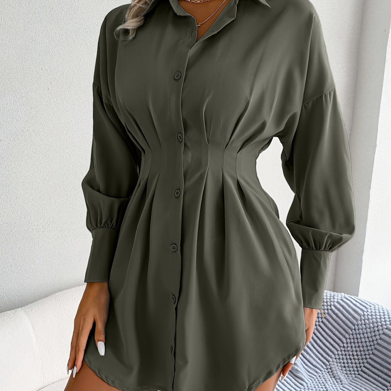 Lantern Sleeve Pleated Waist Dress, Casual Shirt Dress For Spring & Fall, Women's Clothing