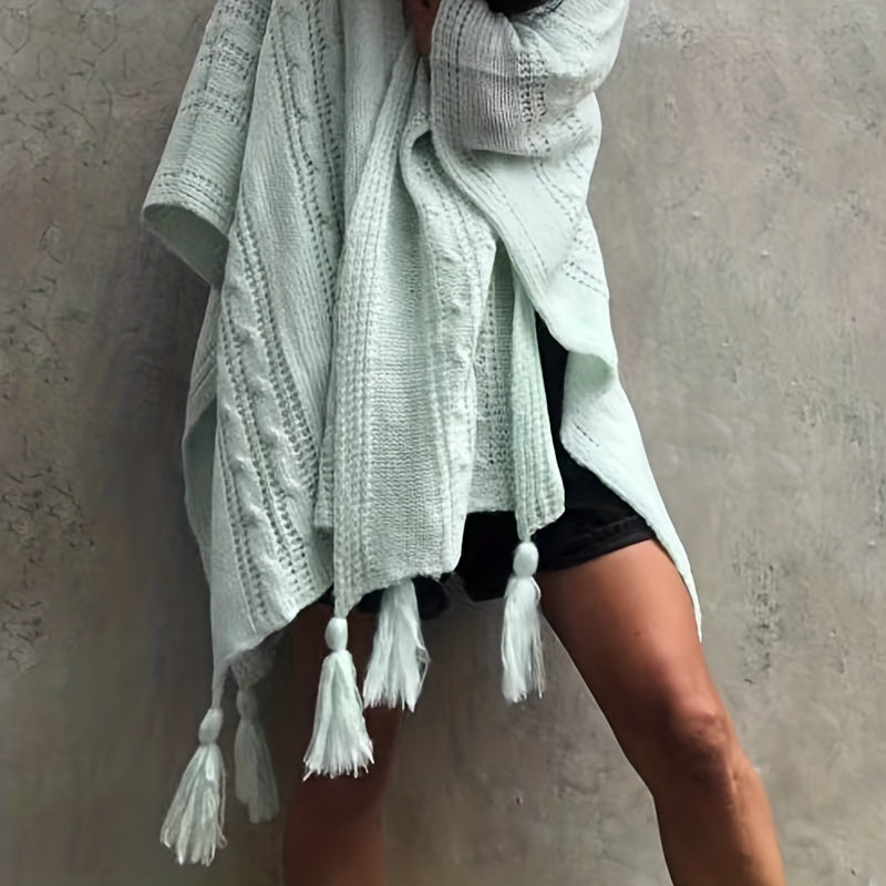vlovelaw Ribbed Knitted Tassel Shawl Warm Windproof Wrap Poncho Boho Solid Color Cloak Trendy Sweater Cape Cardigan