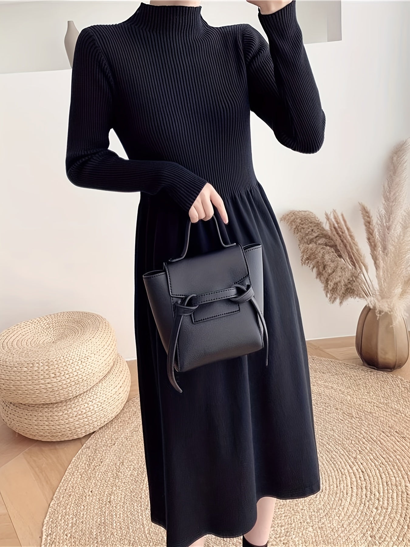 vlovelaw Solid Mock Neck Splicing Dress, Elegant Long Sleeve Aline Dress For Spring & Fall, Women's Clothing