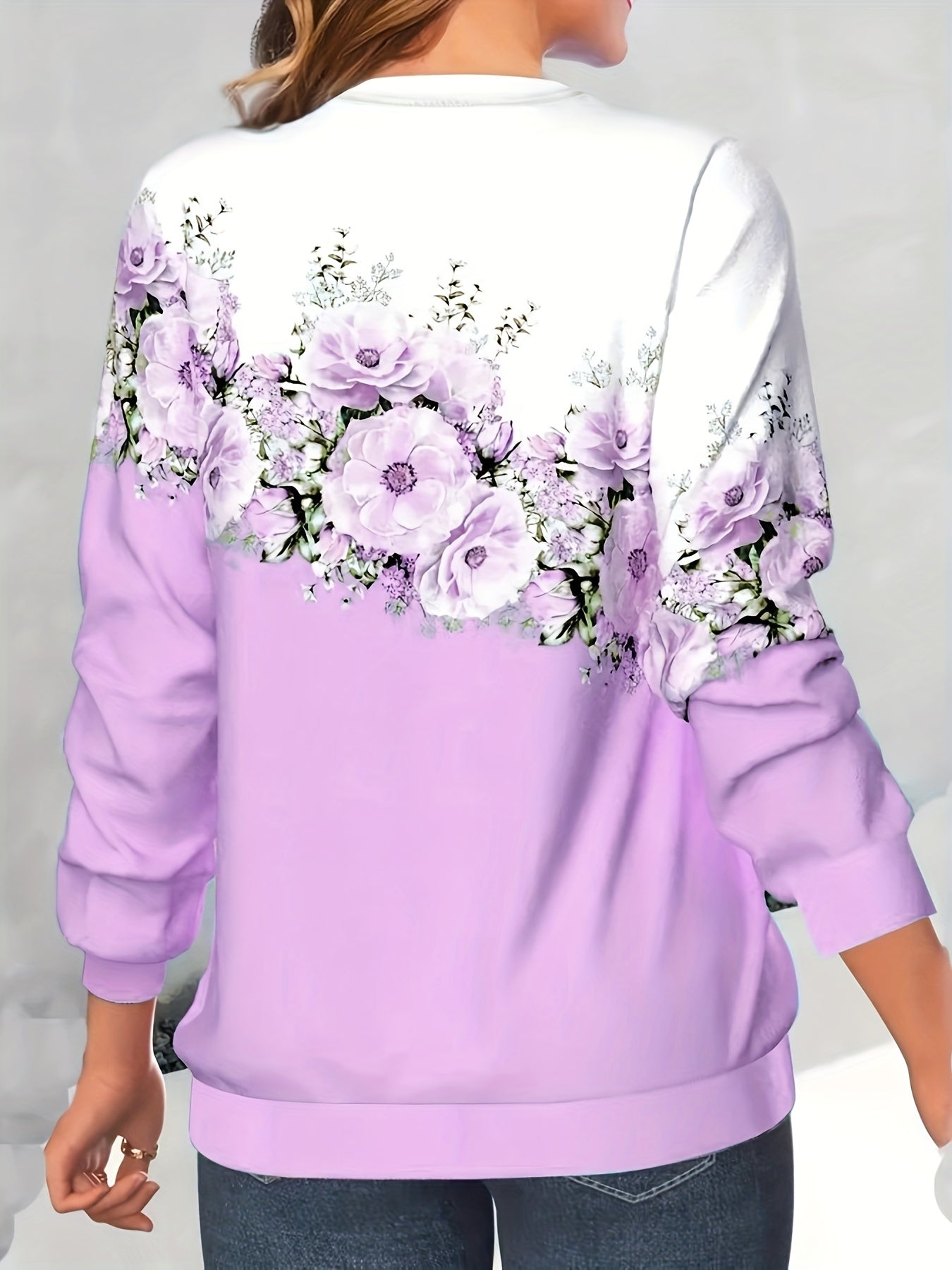 vlovelaw Crew Neck Flowers Print Sweatshirt, Casual Sports Running Long Sleeve Tops, Women's Clothing