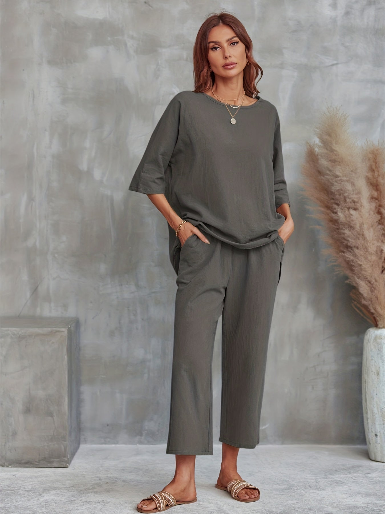 vlovelaw Solid Casual Two-piece Set, Crew Neck Half Sleeve Tee & Wide Leg Pants Outfits, Women's Clothing