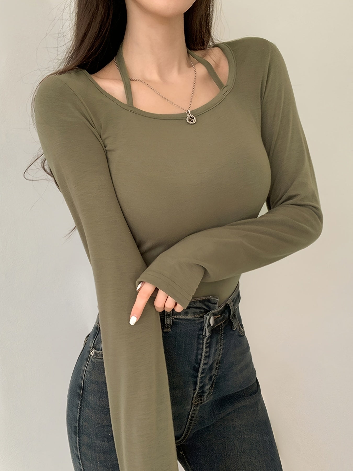 vlovelaw Solid Tied Crew Neck T-Shirt, Casual Long Sleeve Top For Spring & Fall, Women's Clothing