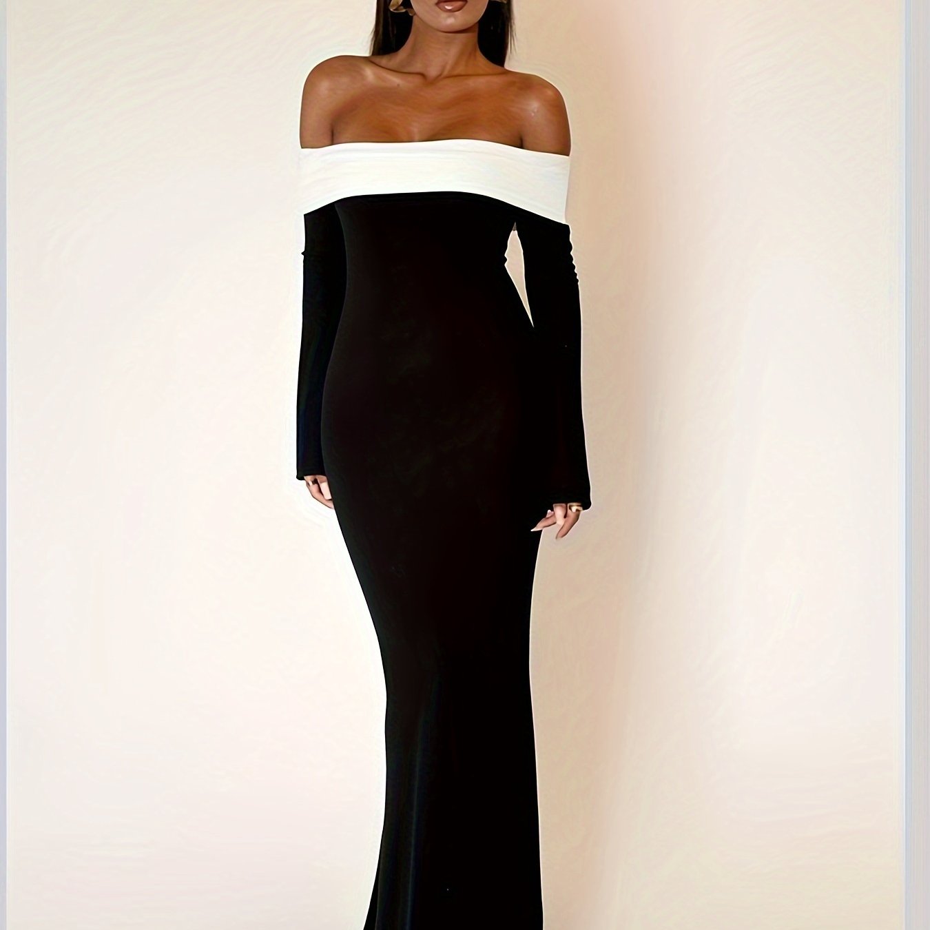 vlovelaw Contrast Trim Off Shoulder Dress, Elegant Long Sleeve Bodycon Maxi Dress For Party & Banquet, Women's Clothing