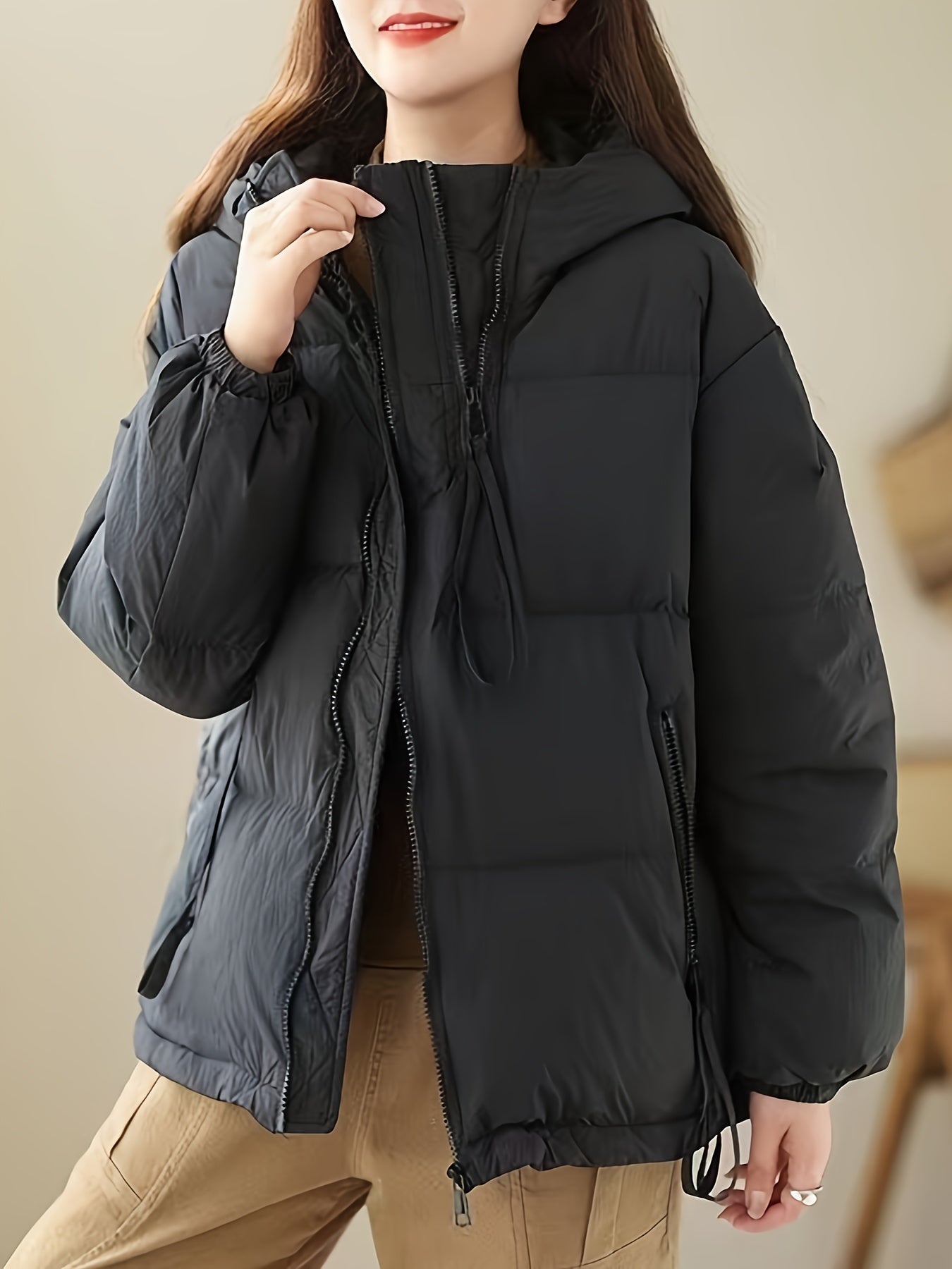 vlovelaw Zipper Solid Hooded Coat, Casual Solid Long Sleeve Winter Outerwear, Women's Clothing