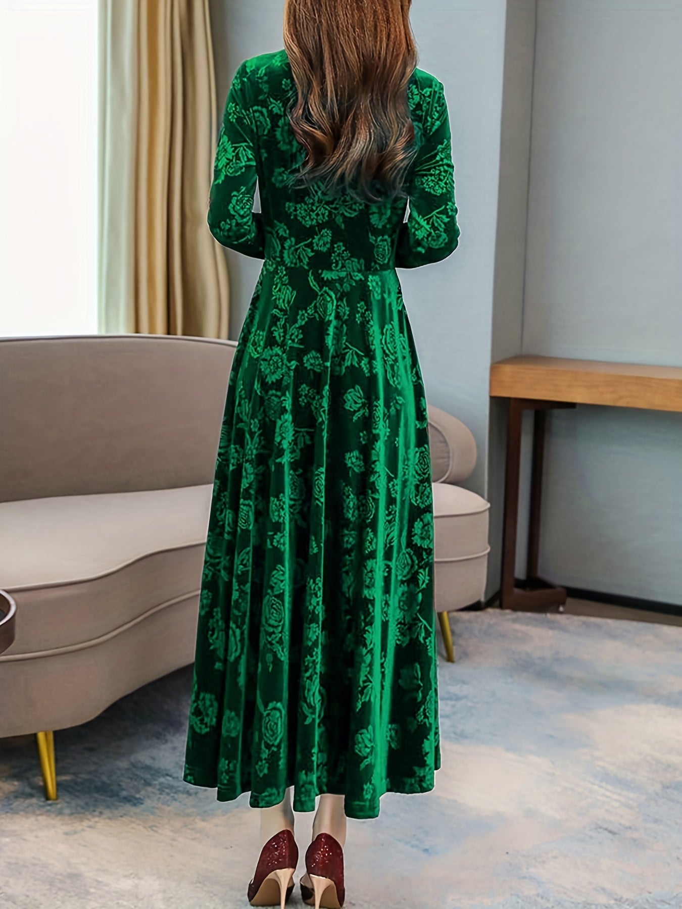 vlovelaw Floral Pattern Maxi Dress, Elegant V Neck Long Sleeve Dress, Women's Clothing