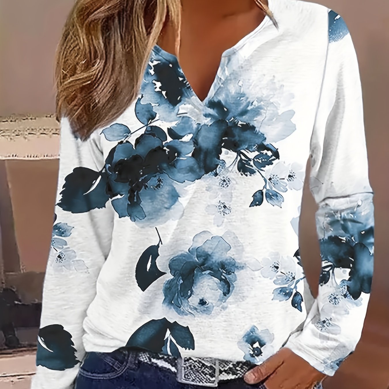 Aztec Print Notched Neck T-shirt, Boho Long Sleeve Ethnic T-shirt, Women's Clothing