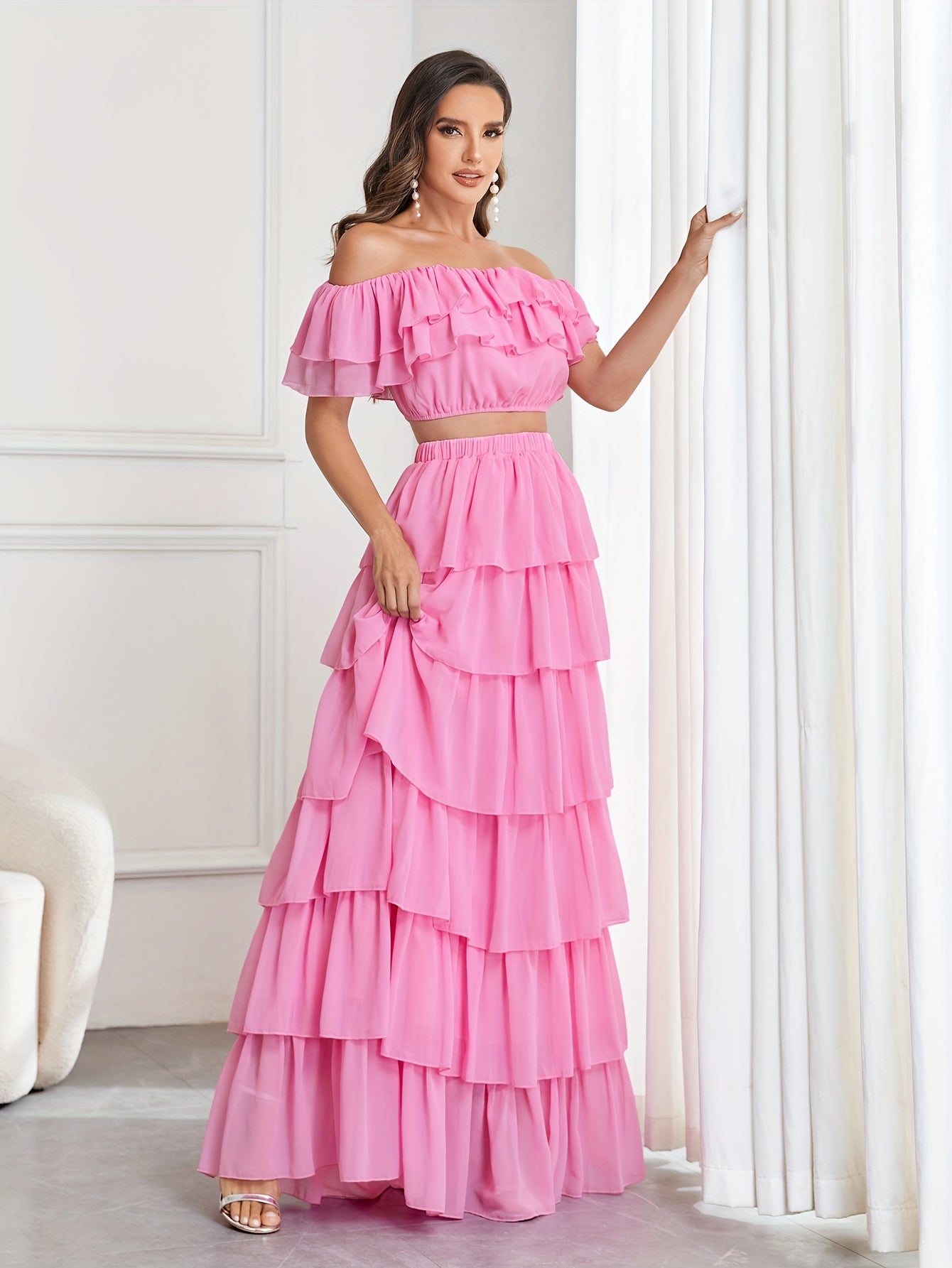 vlovelaw Elegant Two-piece Set, Off Shoulder Ruffle Trim Crop Top & Layer Hem Skirt Outfits, Women's Clothing