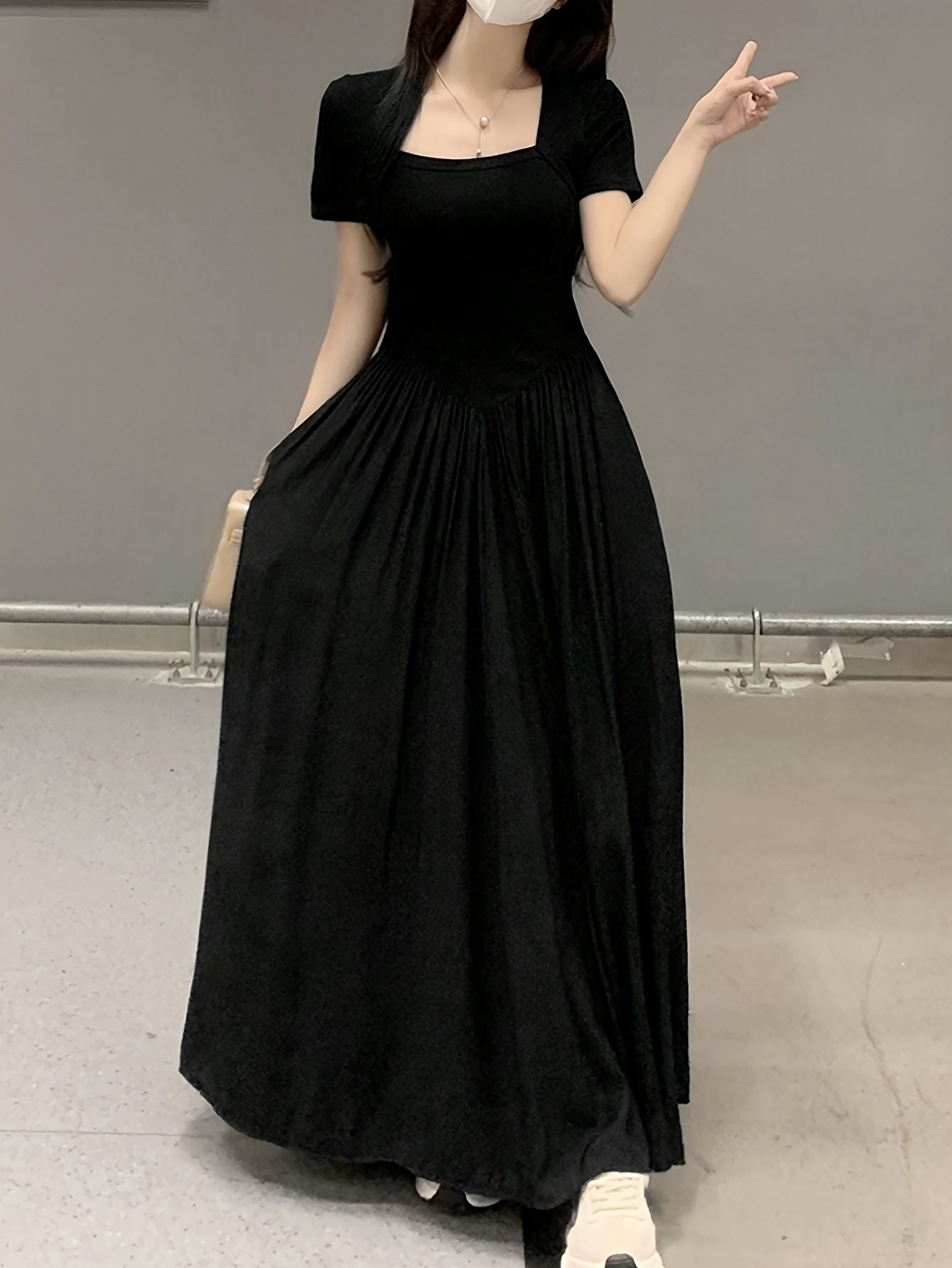 vlovelaw Solid Simple Ruched Dress, Casual Square Neck Short Sleeve Dress, Women's Clothing